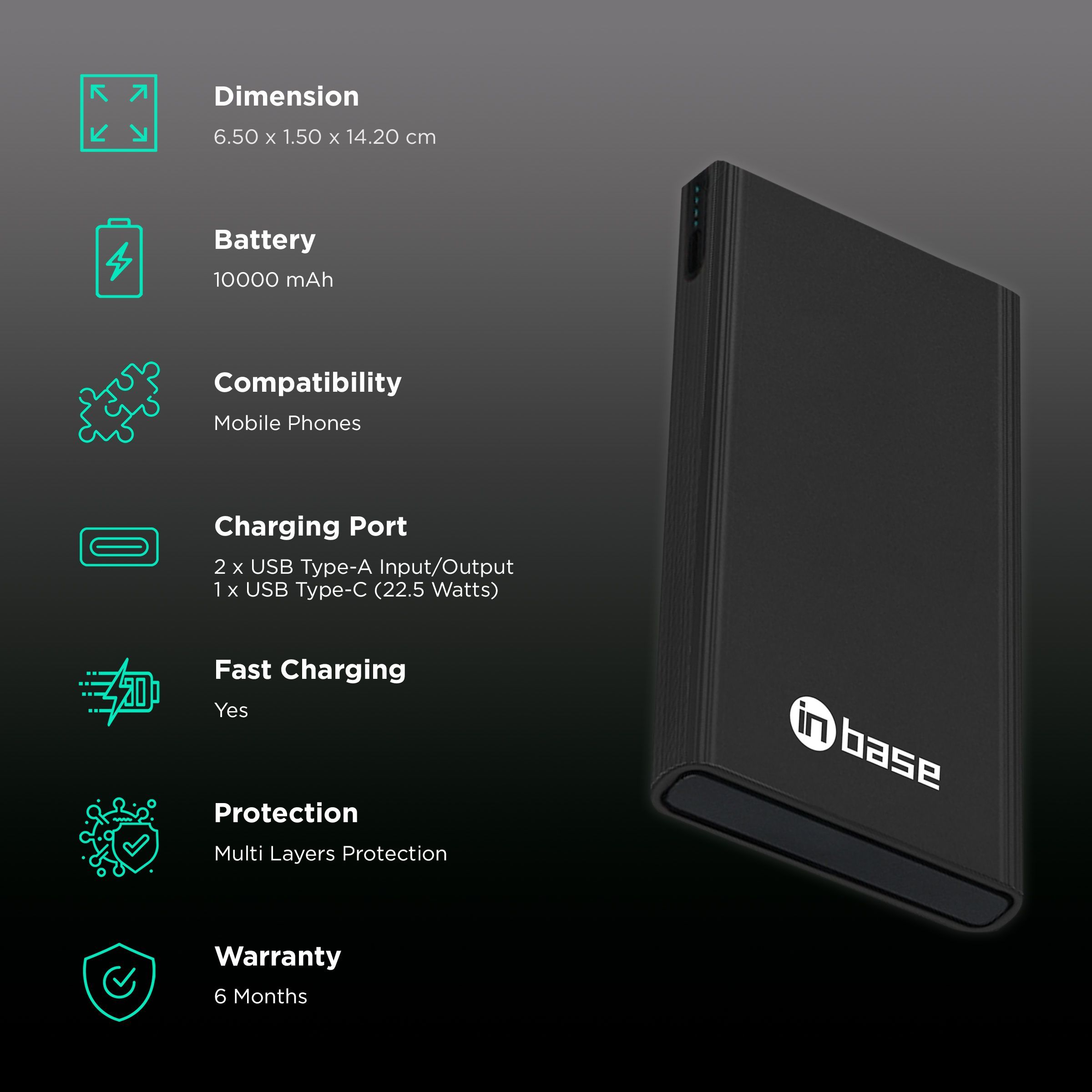 in base Cruze 10000 mAh 22.5W Fast Charging Power Bank (2 Type A & 1 Type C Ports, Aluminum Casing, Black)_3
