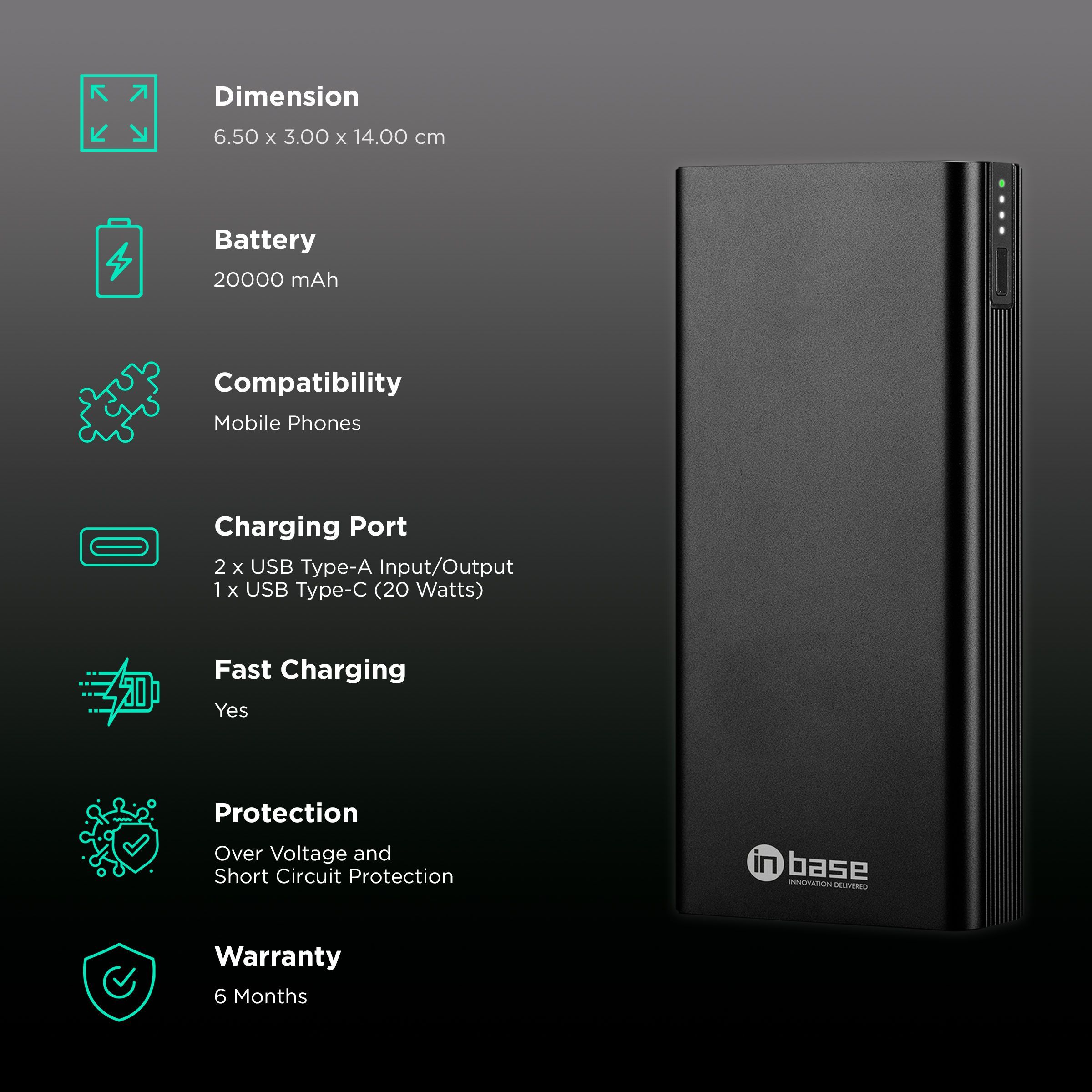 in base Cruze 20000 mAh 22.5W Fast Charging Power Bank (2 Type A & 1 Type C Ports, Metal Casing, Black)_3