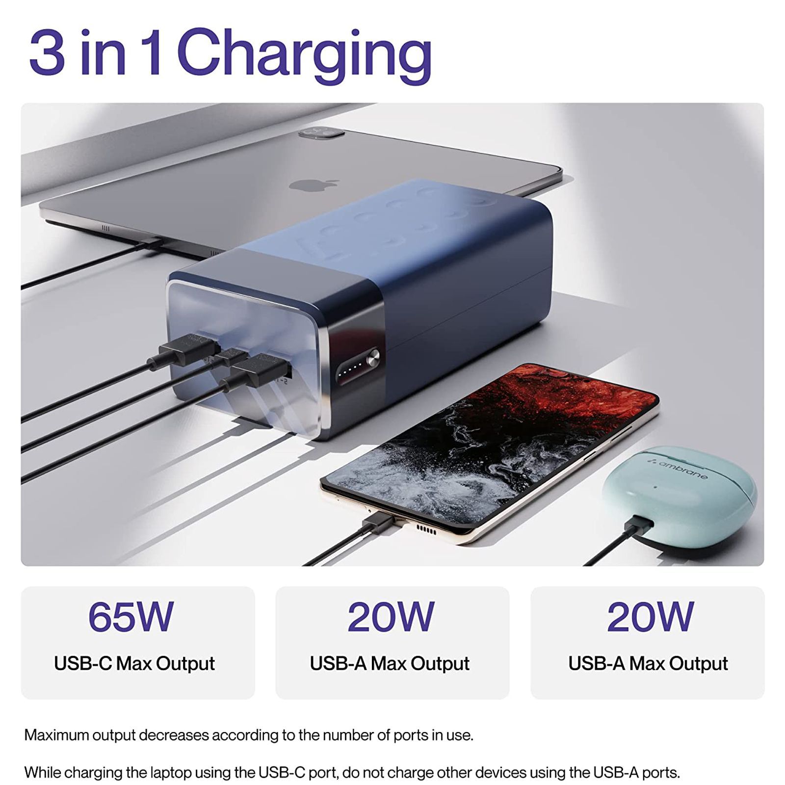 ambrane Stylo Boost 40000 mAh 65W Fast Charging Power Bank (2 Type A and 1 Type C Ports, LED Light Indicator, Blue)_7