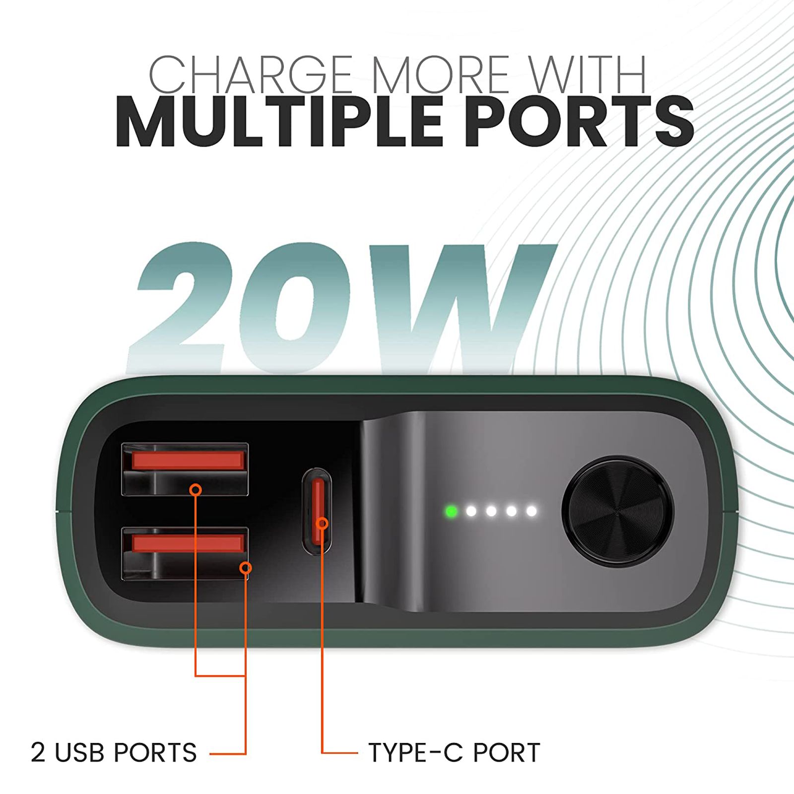 ambrane Stylo 20000 mAh 20W Fast Charging Power Bank (2 Type A and 1 Type C Ports, 360 Protection, Green)_4