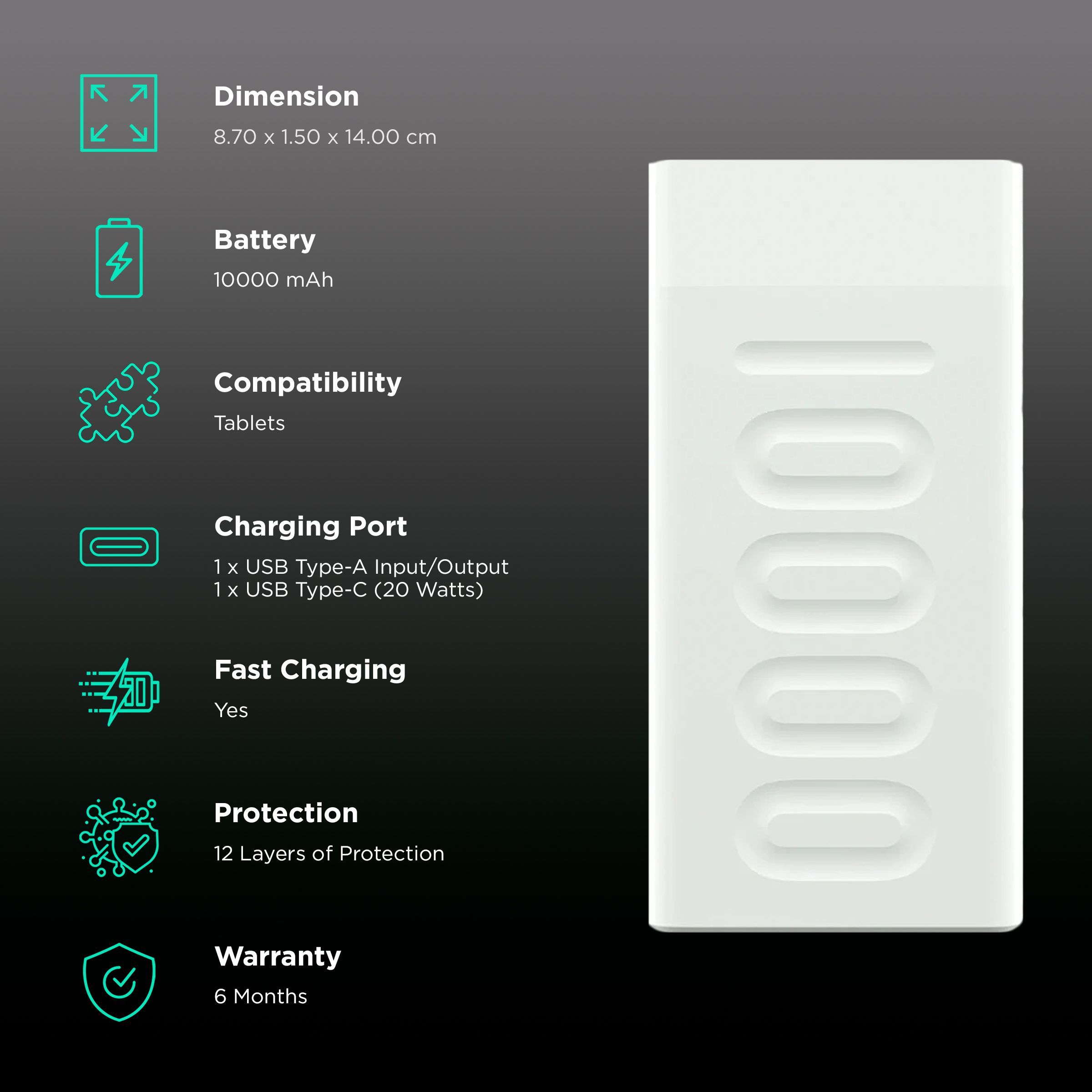 ambrane Stylo 10000 mAh 20W Fast Charging Power Bank (1 Type A and 1 Type C Ports, Quick Charge 3.0, White)_3