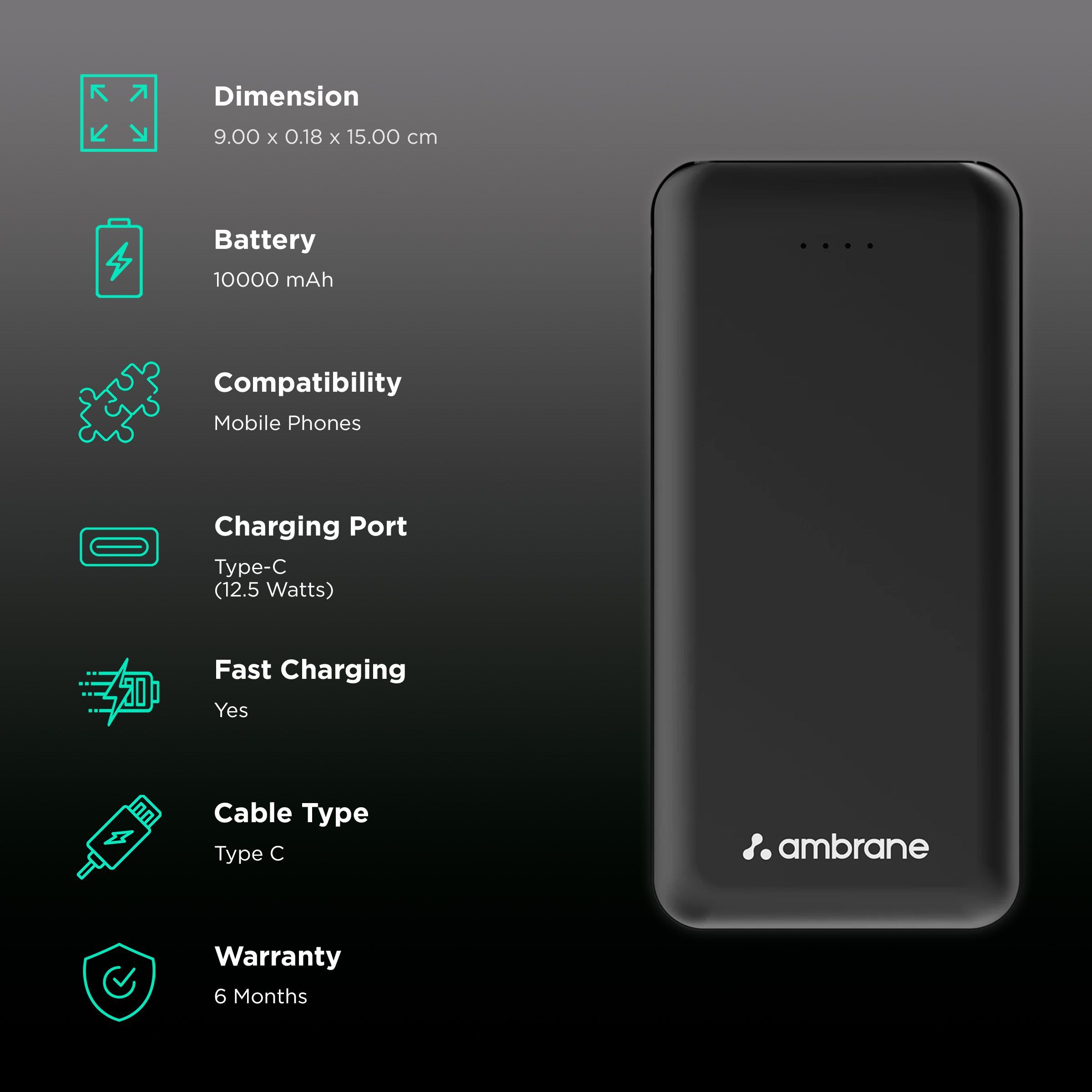 ambrane Neos 11 10000 mAh 12.5W Fast Charging Power Bank (1 Type C & 1 Micro USB Ports, Black)_3