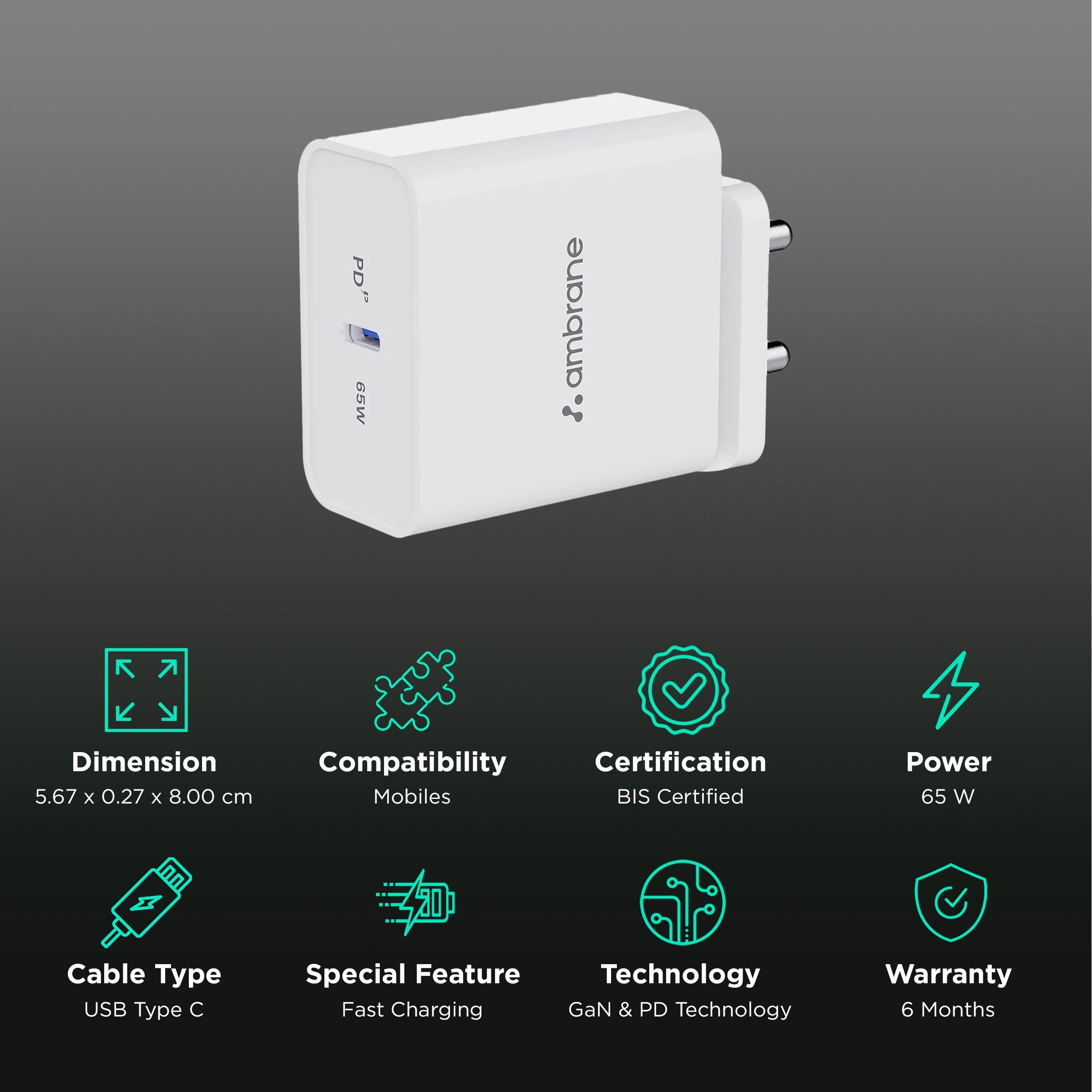 ambrane Raap 65W Type C Fast Charger (Adapter Only, White)_2