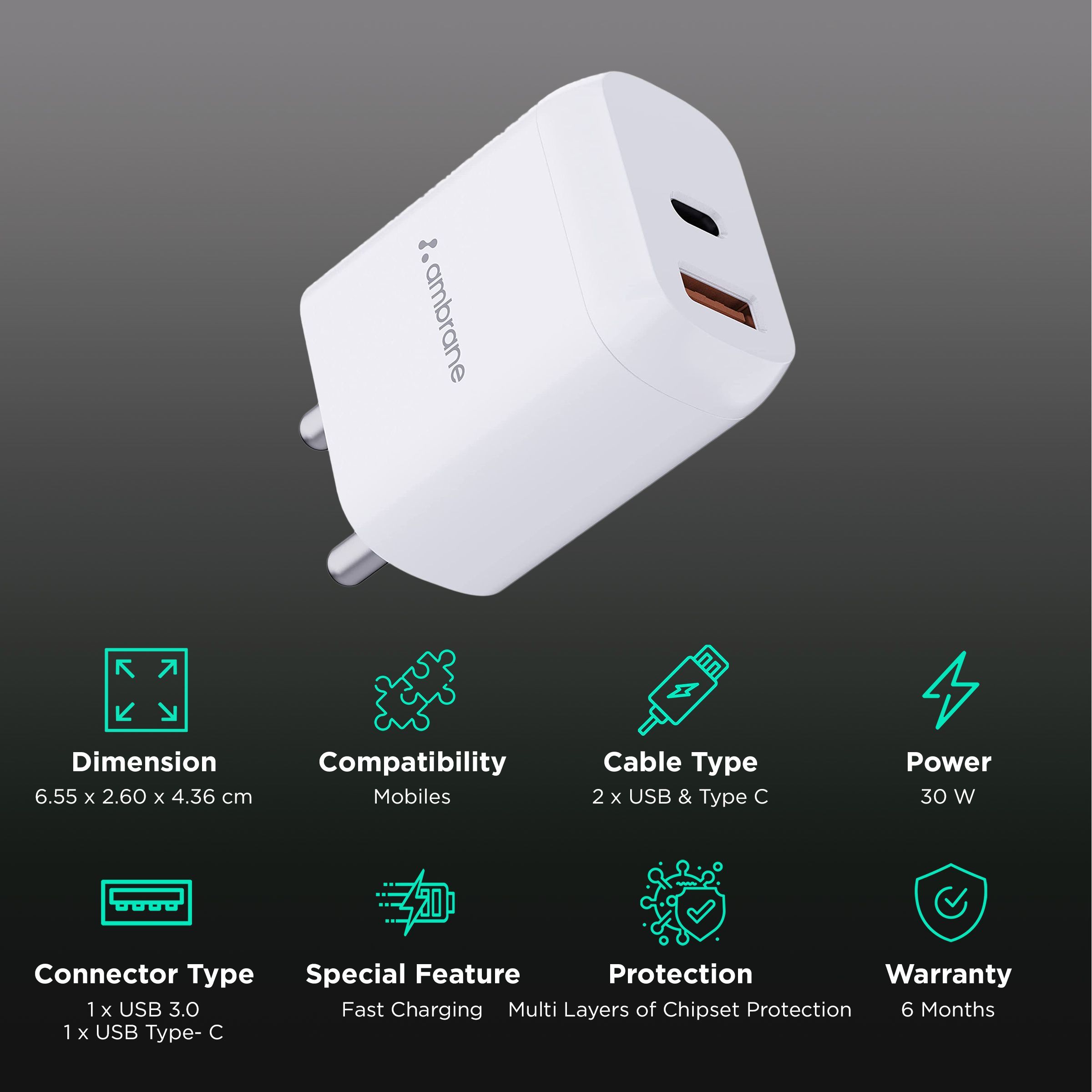 ambrane Raap H30 30W Type A & Type C 2-Port Fast Charger (Adapter Only, Multi Layer Chipset Protection, White)_2