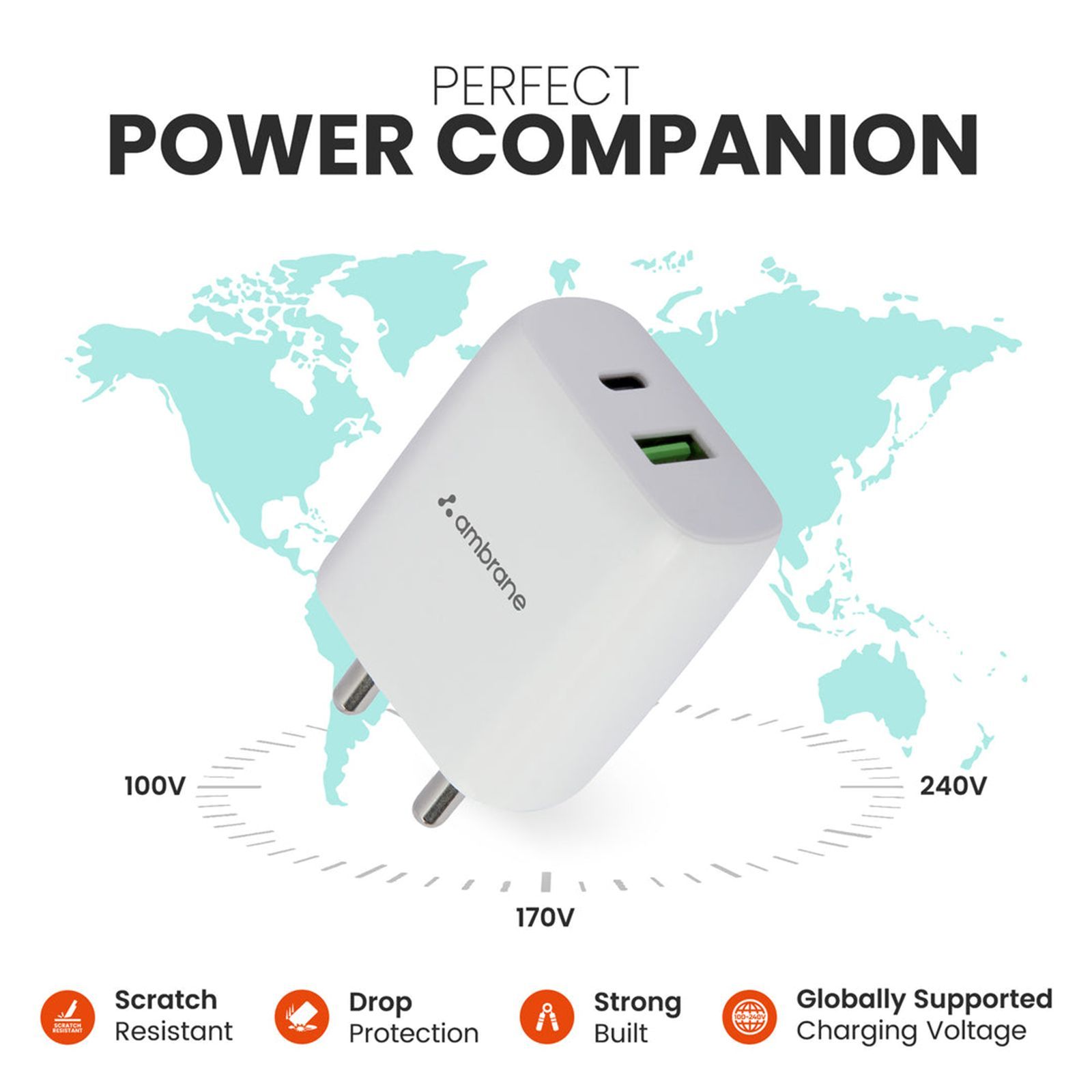 ambrane Raap H30 30W Type A & Type C 2-Port Fast Charger (Adapter Only, Multi Layer Chipset Protection, White)_3