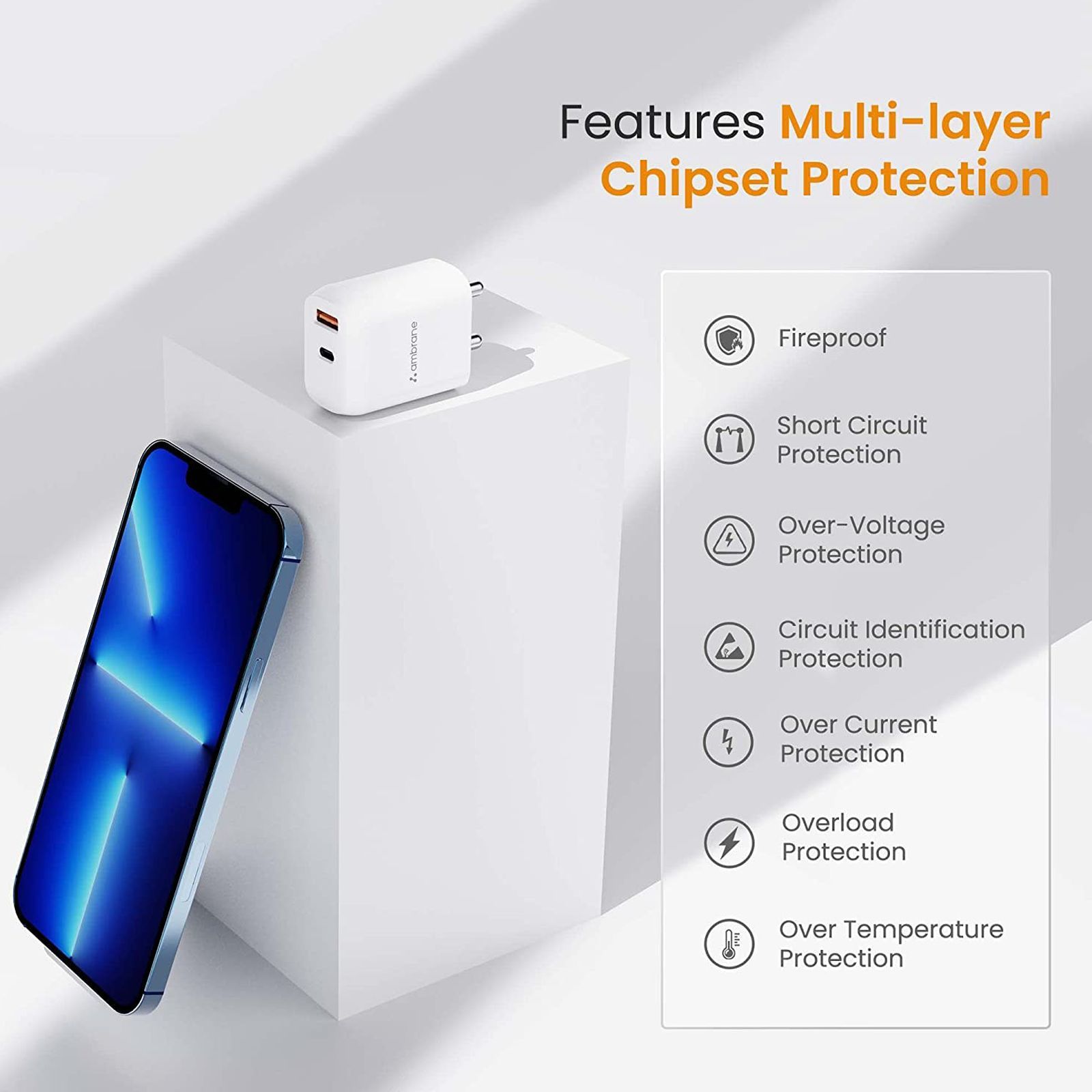 ambrane Raap H30 30W Type A & Type C 2-Port Fast Charger (Adapter Only, Multi Layer Chipset Protection, White)_4