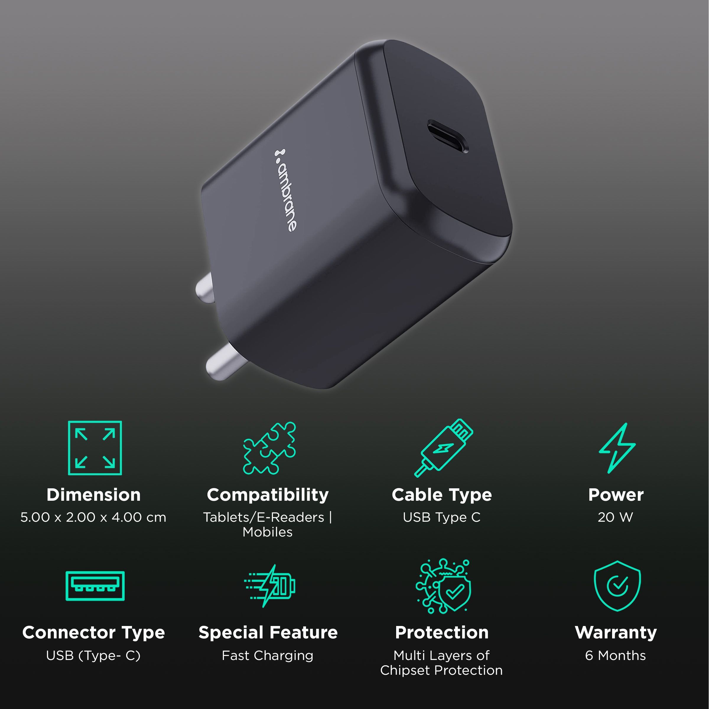 ambrane Raap M20 20W Type C Fast Charger (Adapter Only, Black)_2