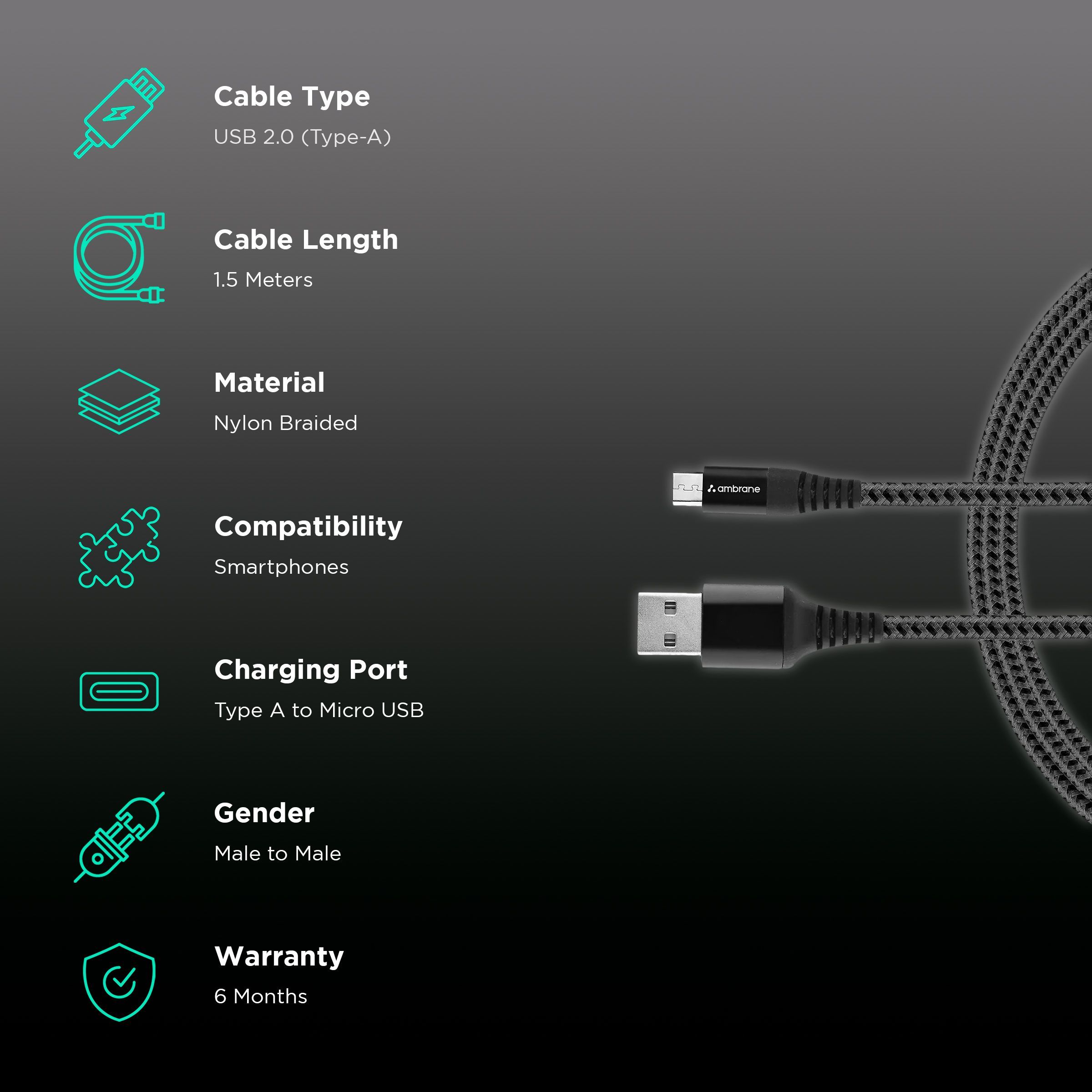 ambrane Type A to Micro USB 4.92 Feet (1.5M) Cable (Quick Charge 2.0 / 3.0, Black/Grey)_2