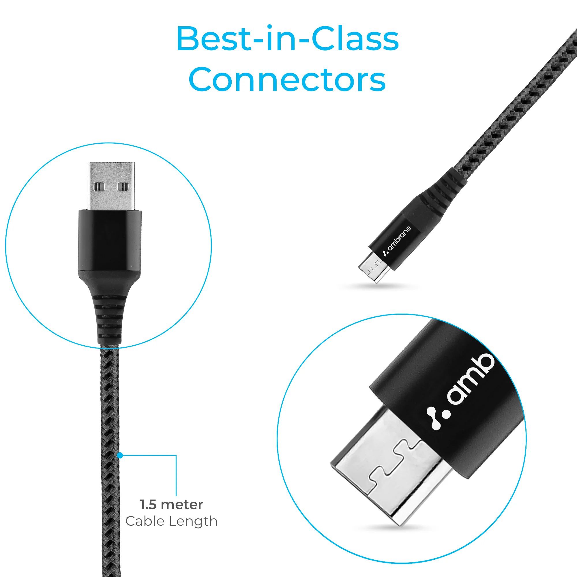 ambrane Type A to Micro USB 4.92 Feet (1.5M) Cable (Quick Charge 2.0 / 3.0, Black/Grey)_5