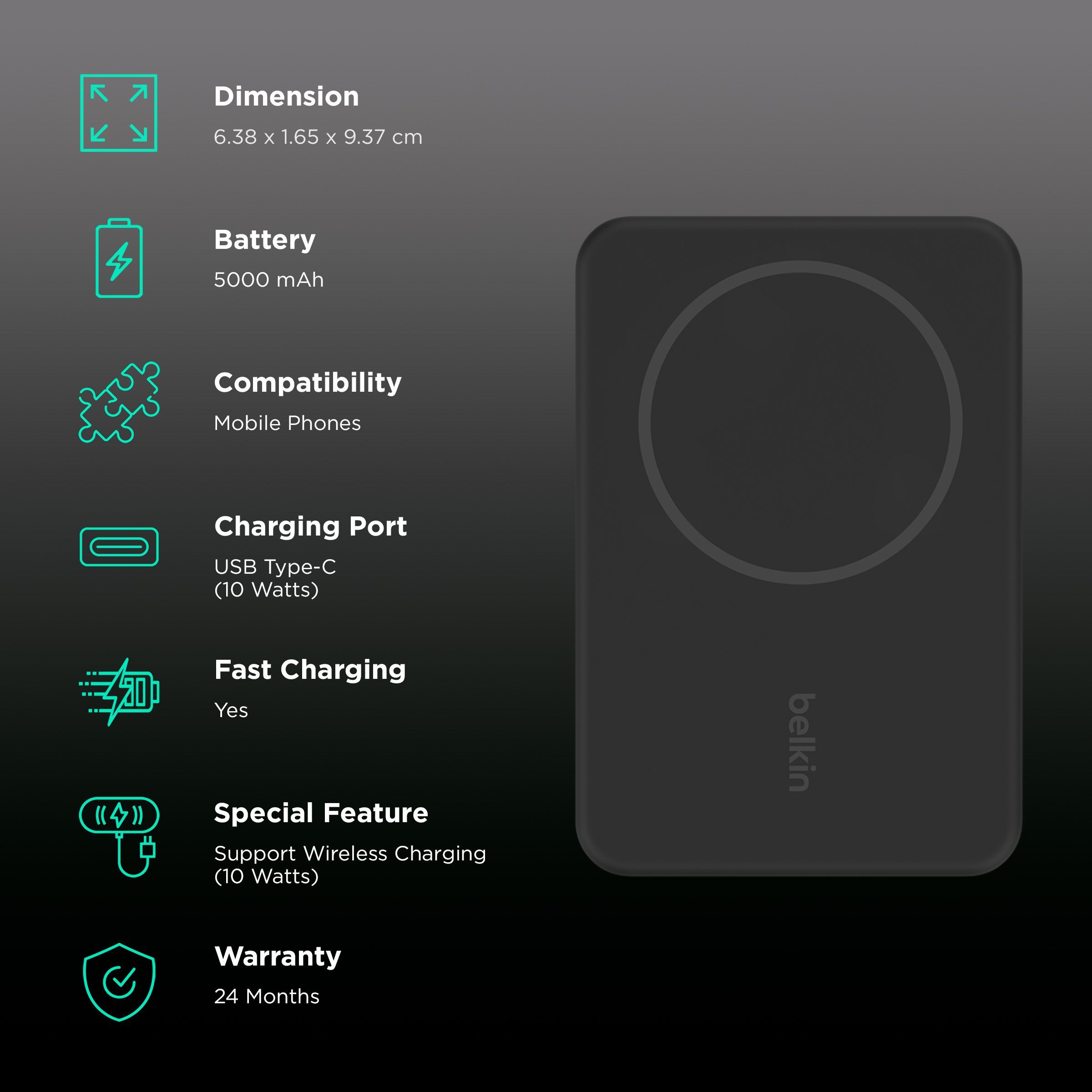 belkin BoostCharge 5000 mAh 10W Fast Charging Power Bank (1 Type C Port, Wireless Charging, Black)_3