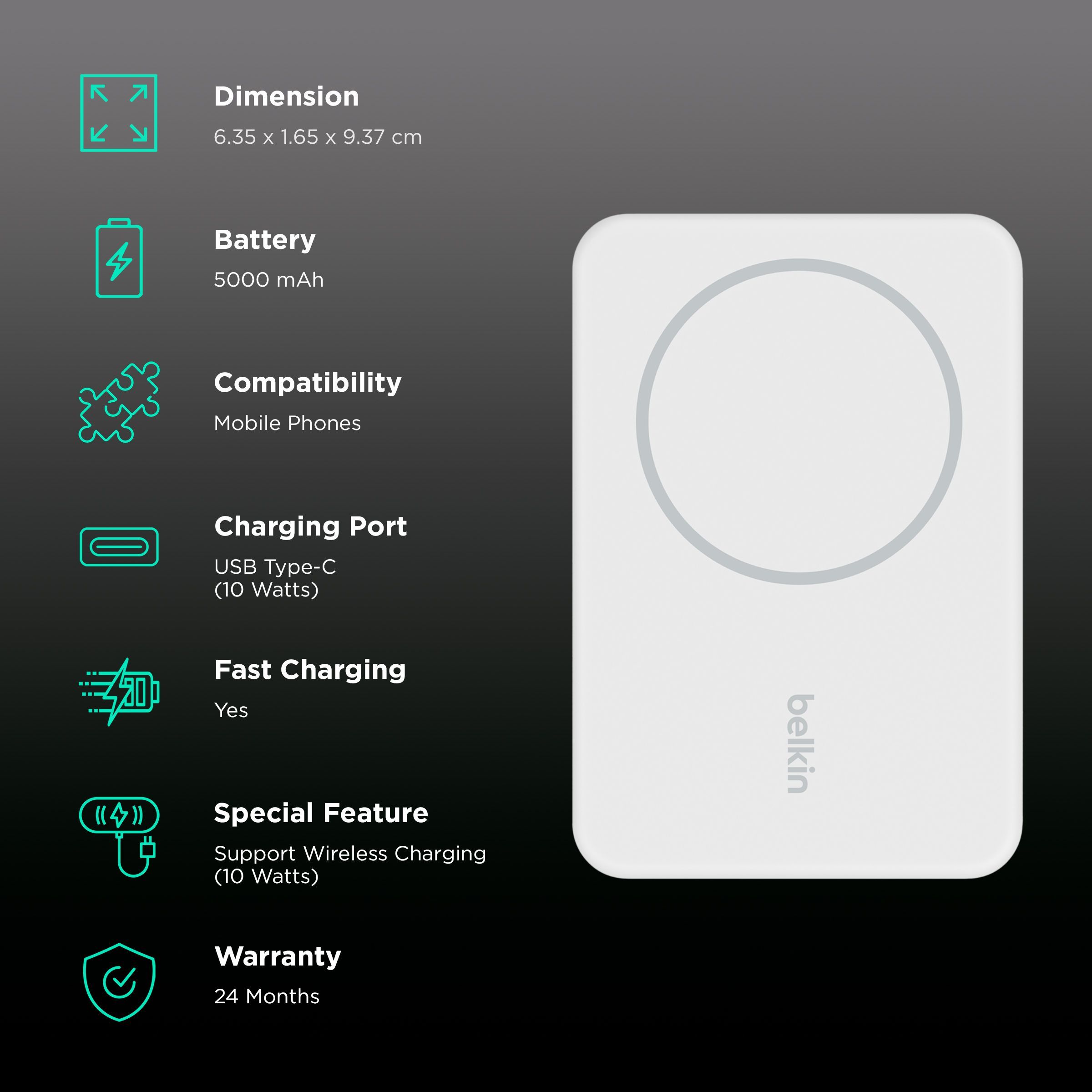 belkin BoostCharge 5000 mAh 10W Fast Charging Power Bank (1 Type C Port, Wireless Charging, White)_3