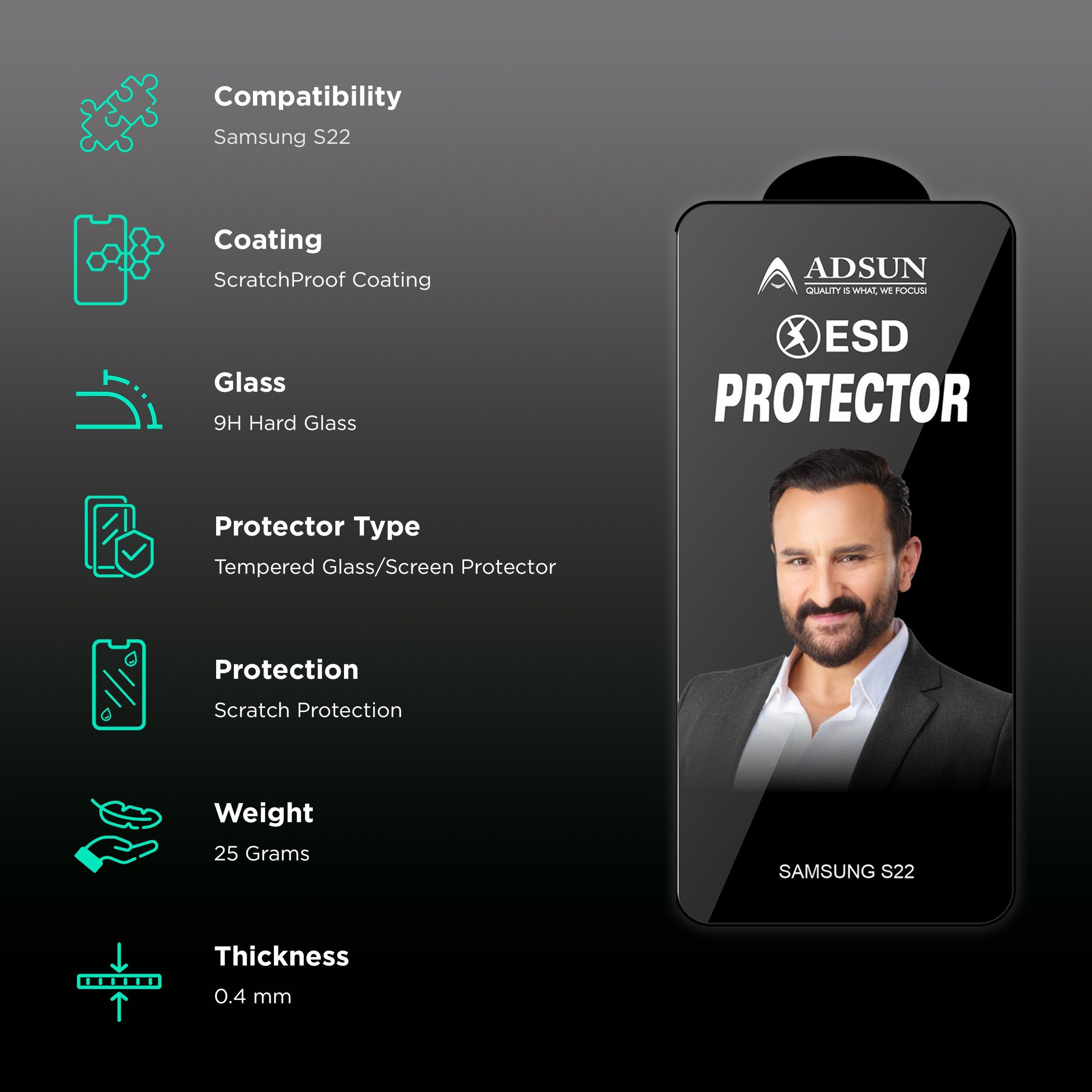 ADSUN ESD Tempered Glass for Samsung S22 (Anti Smudge)_3