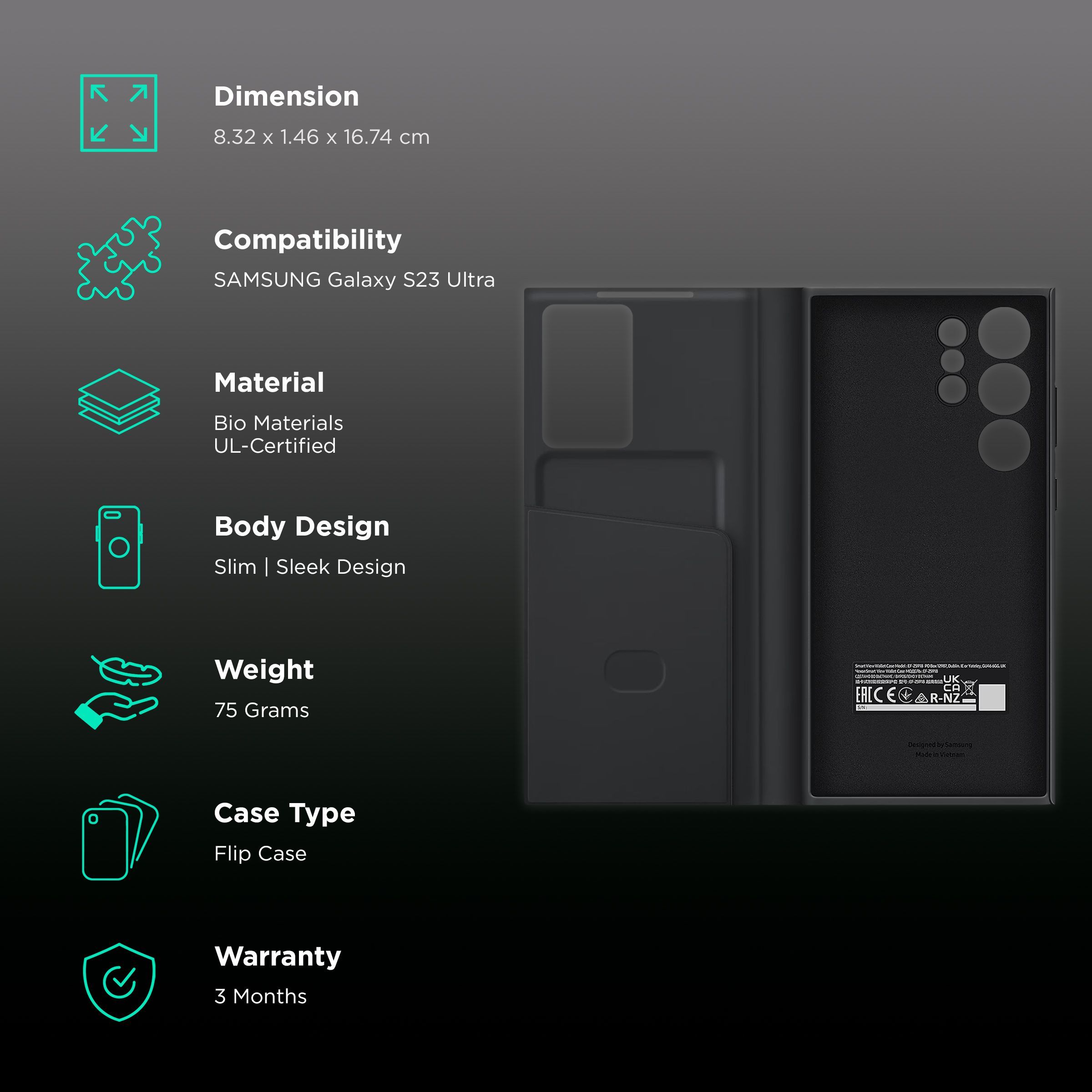 SAMSUNG Smart View Flip Case for SAMSUNG Galaxy S23 Ultra (Attached Wallet, Black)_2