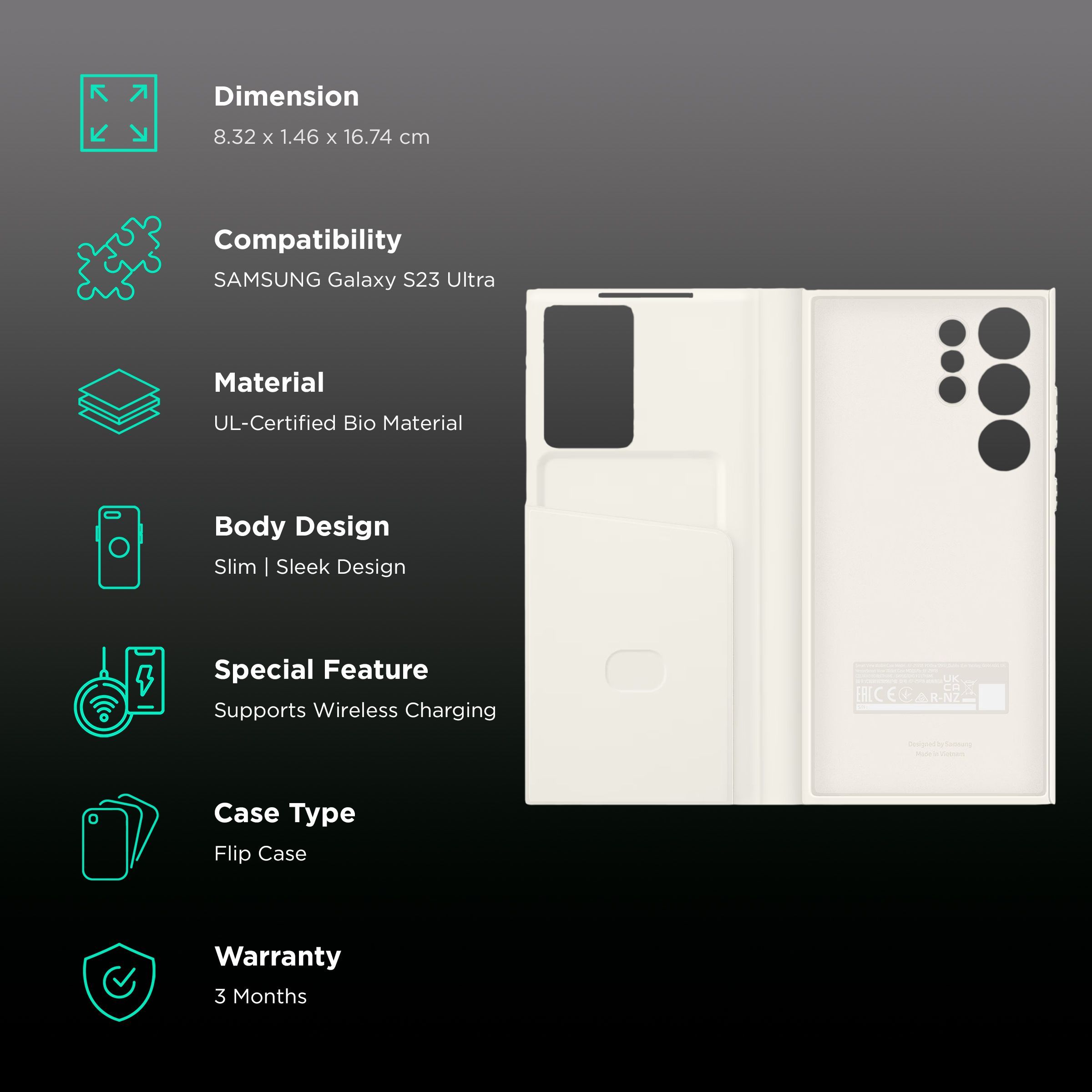 SAMSUNG Smart View Wallet Flip Cover for Galaxy S23 Ultra (Smooth Grip, Cream)_2