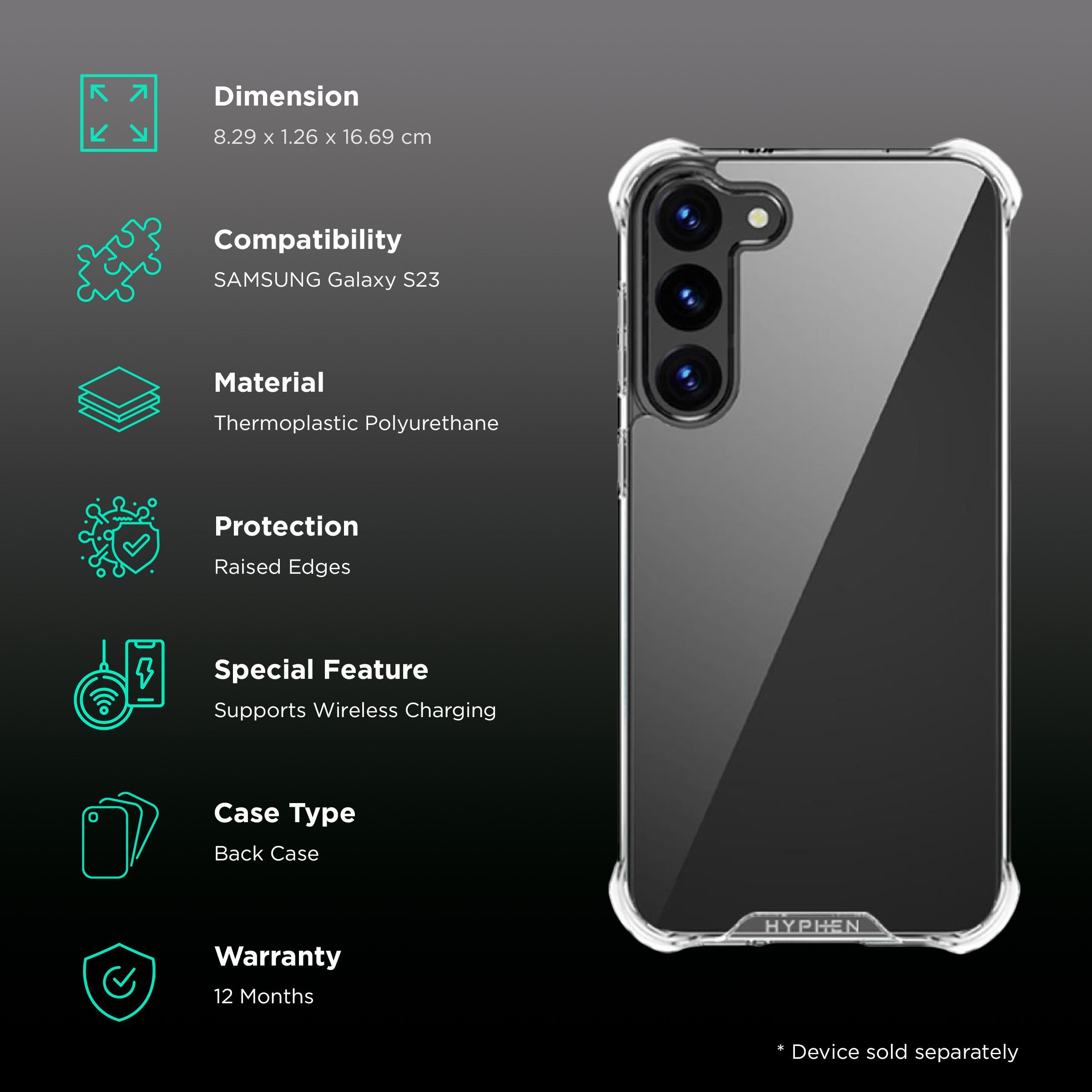 HYPHEN TPU Back Case & Tempered Glass Combo for Samsung Galaxy S23 (Slip Resistant, Transparent)_2