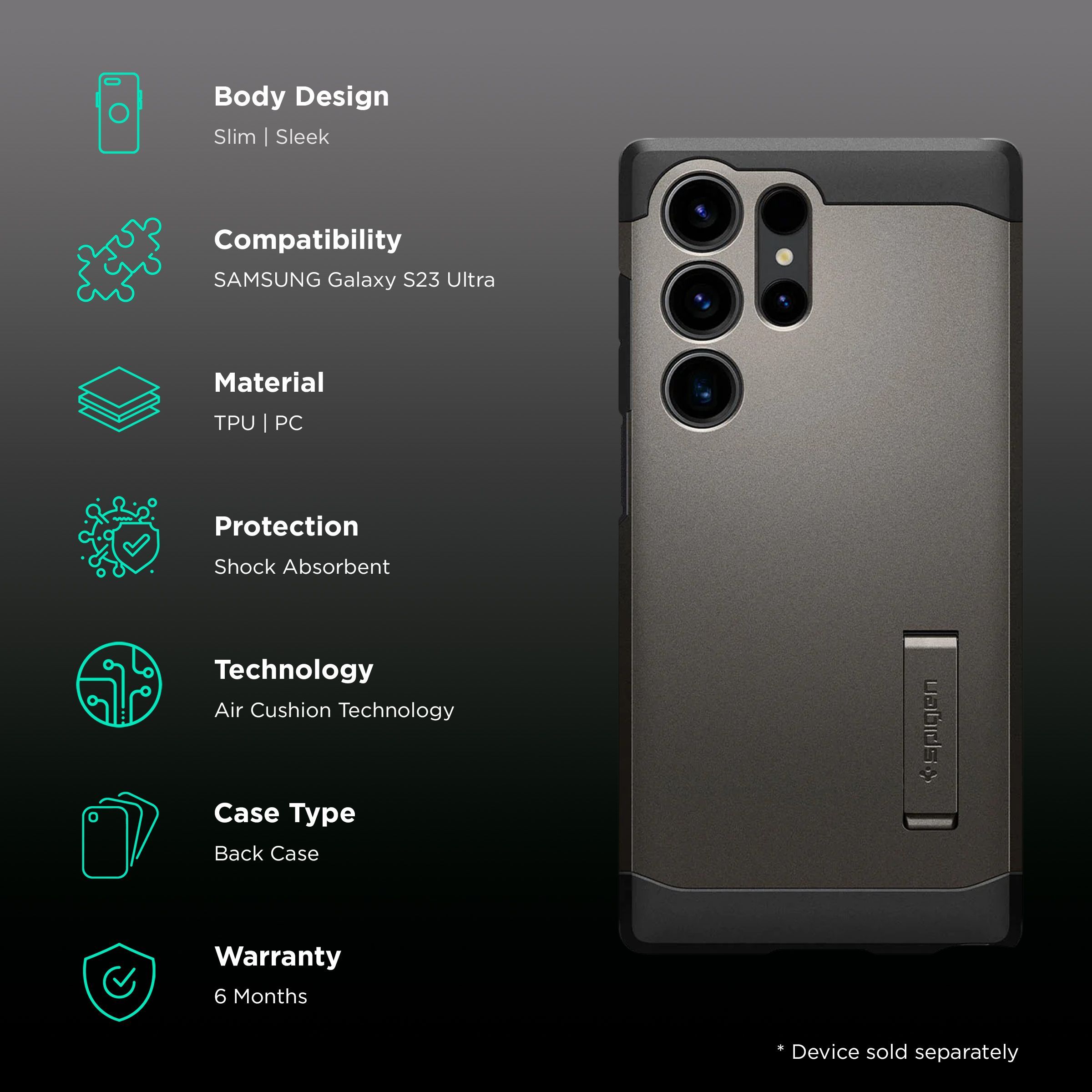 spigen Tough Armor PC and TPU Back Cover for Samsung Galaxy S23 Ultra (Shock Absorbent, Gunmetal)_2