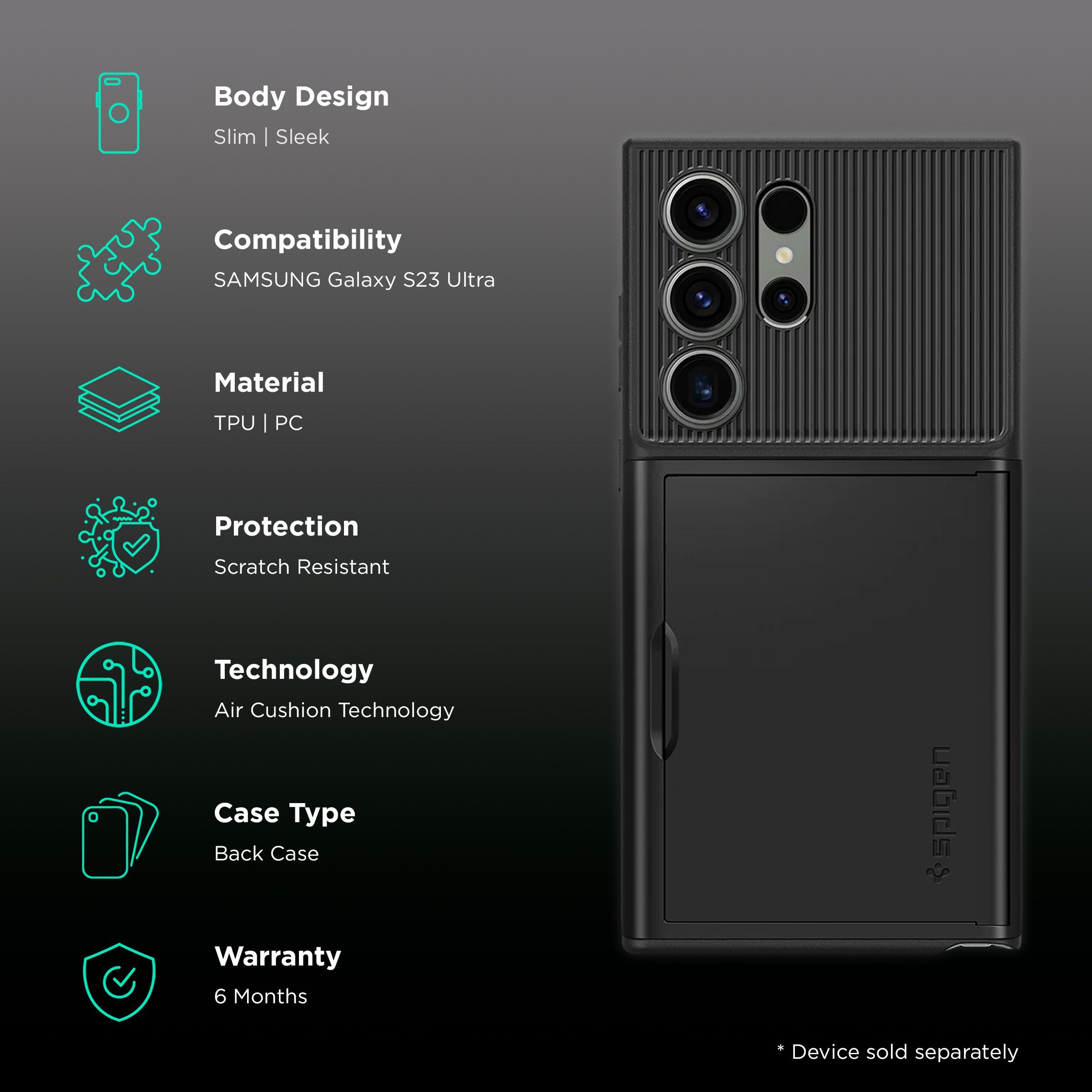 spigen Slim Armor PC and TPU Back Cover for Samsung Galaxy S23 Ultra (Card Slot, Black)_2