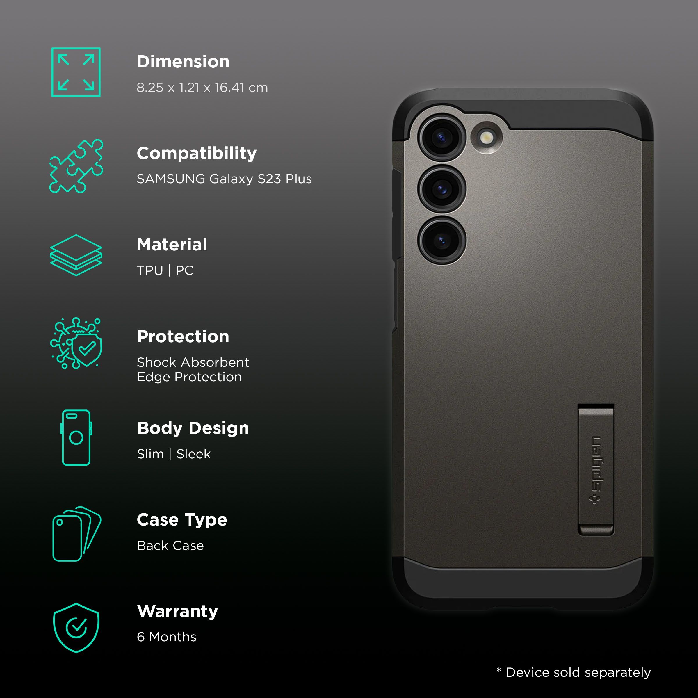 spigen Tough Armor PC & TPU Back Cover for SAMSUNG Galaxy S23+ (Air Cushion Technology, Gunmetal)_2
