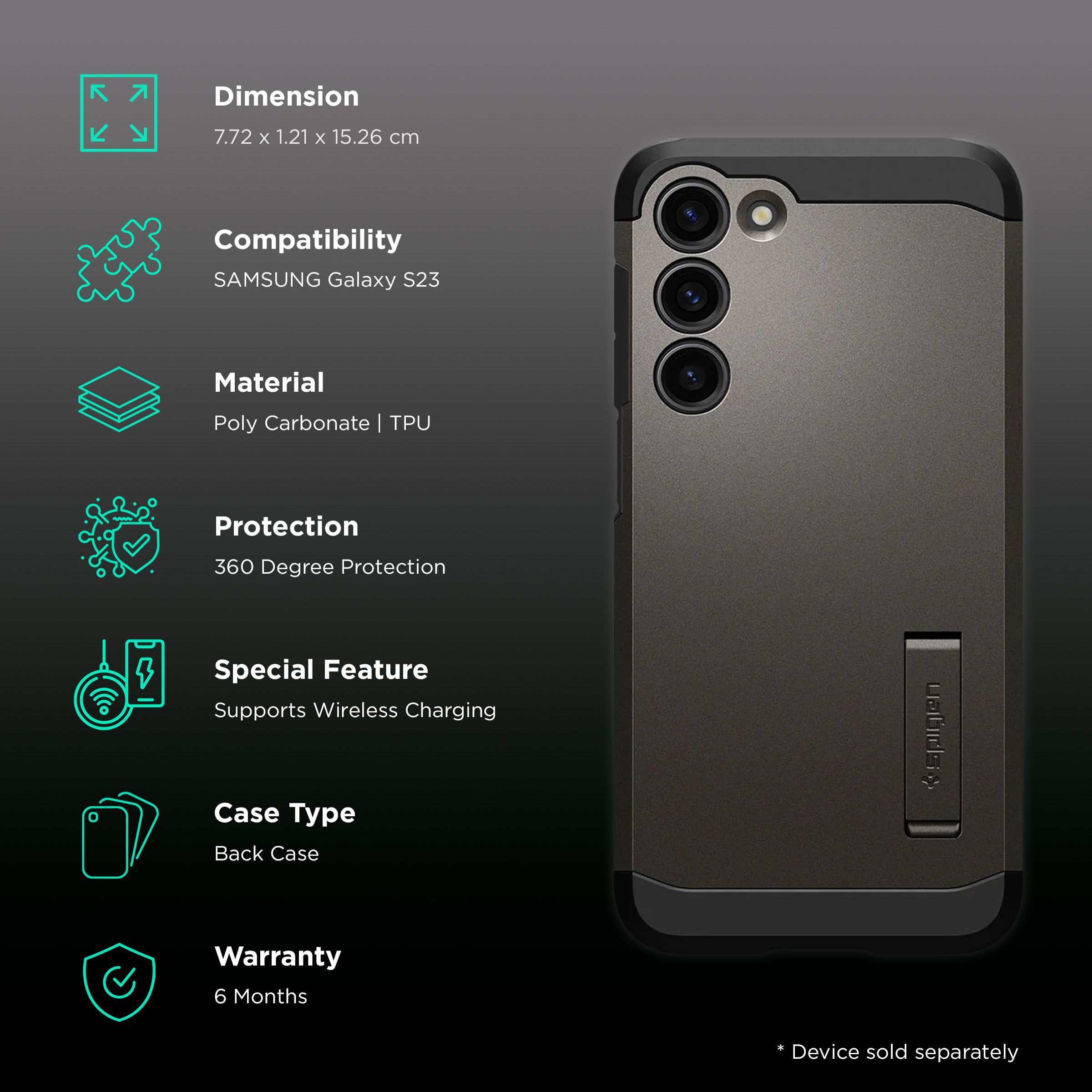 spigen Tough Armor PC & TPU Back Cover for SAMSUNG Galaxy S23 (Wireless Charging Compatible, Gunmetal)_2