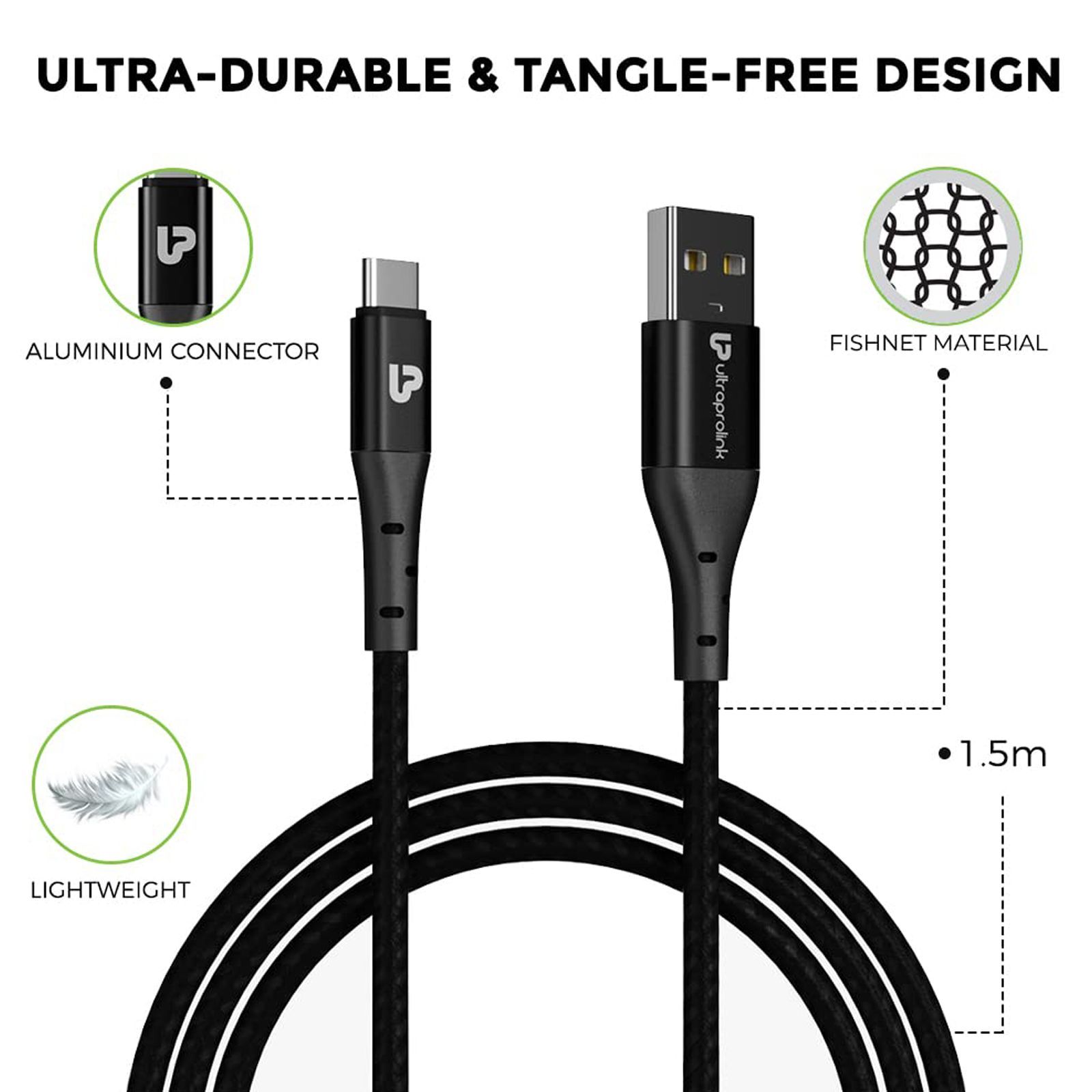 ultraprolink Type-A to Type-C, 4.9 feet (1.5m) Cable (Tangle-free Design, Black) ultraprolink Type-A to Type-C, 4.9 feet (1.5m) Cable (Tangle-free Design, Black)_7