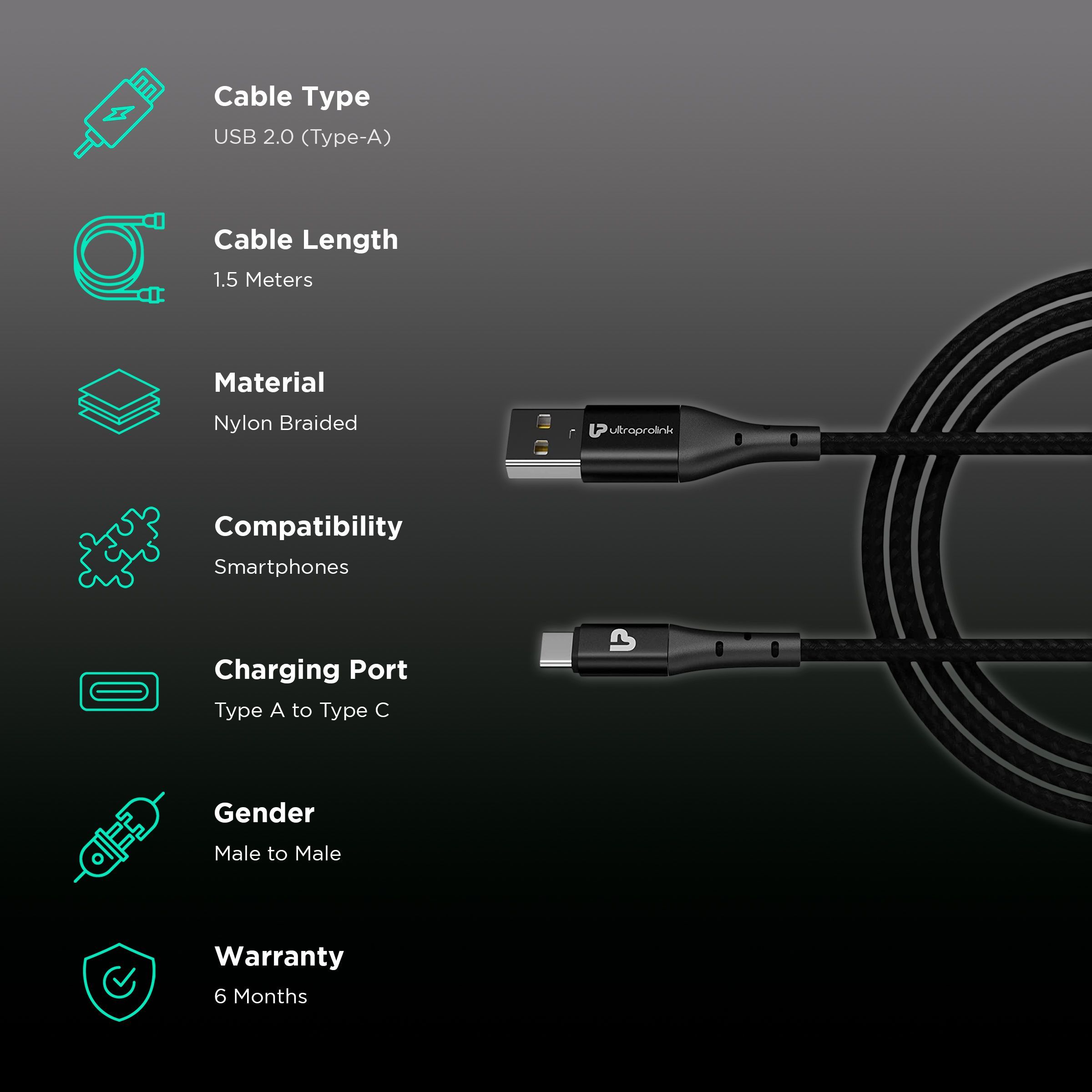 ultraprolink Type-A to Type-C, 4.9 feet (1.5m) Cable (Tangle-free Design, Black) ultraprolink Type-A to Type-C, 4.9 feet (1.5m) Cable (Tangle-free Design, Black)_2
