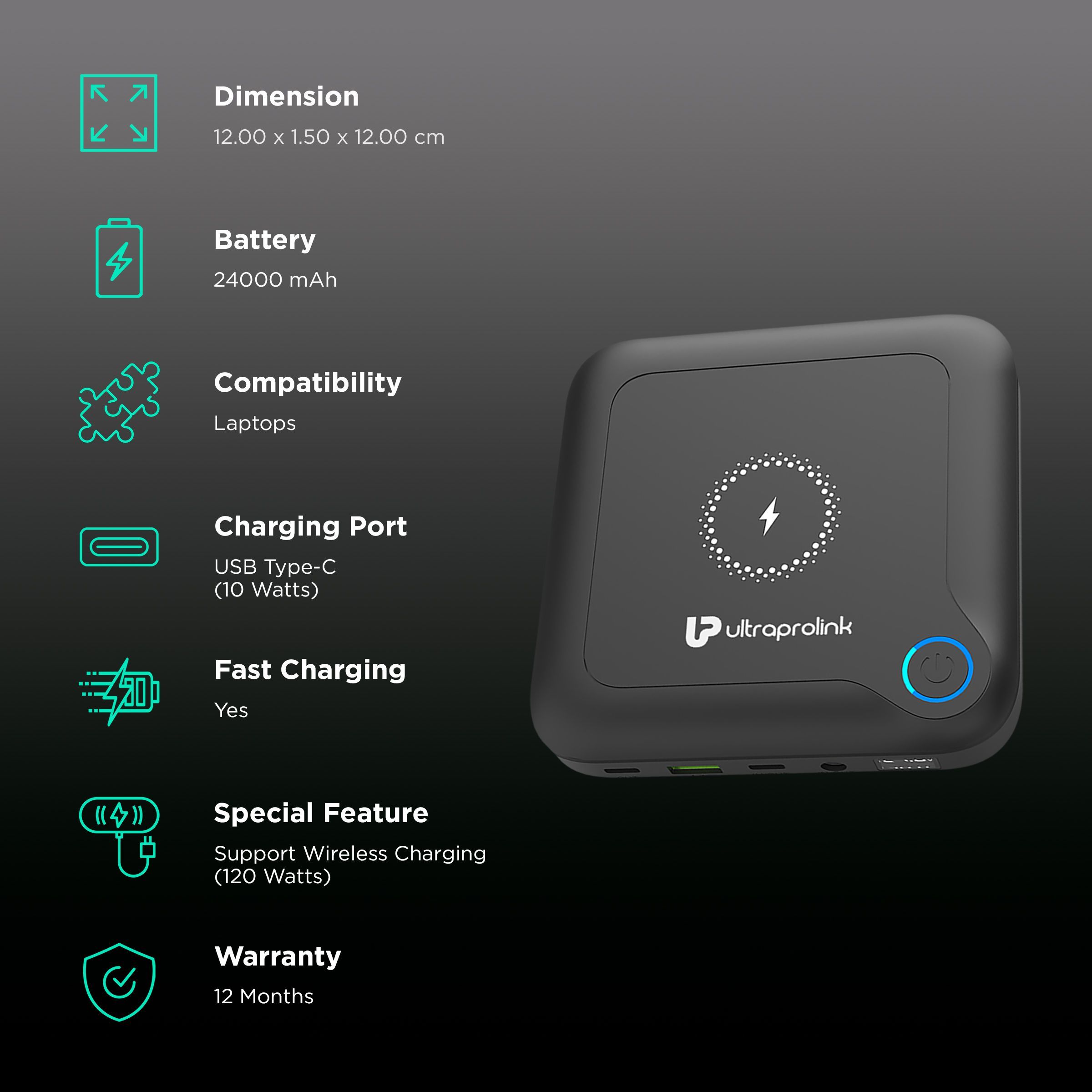 ultraprolink Juice-Up 24000 mAh 120W Fast Charging Power Bank (2 Type C, 1 Type A & 1 DC Ports, Magsafe Charging, Black)_3