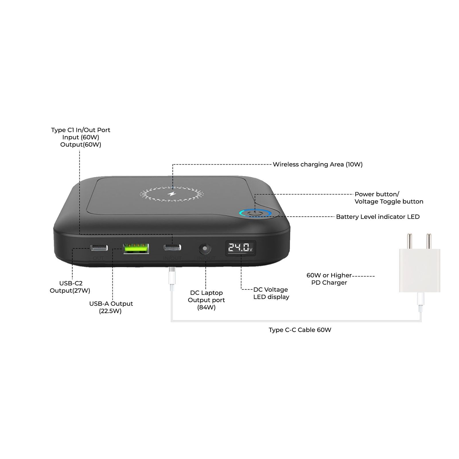 ultraprolink Juice-Up 24000 mAh 120W Fast Charging Power Bank (2 Type C, 1 Type A & 1 DC Ports, Magsafe Charging, Black)_9