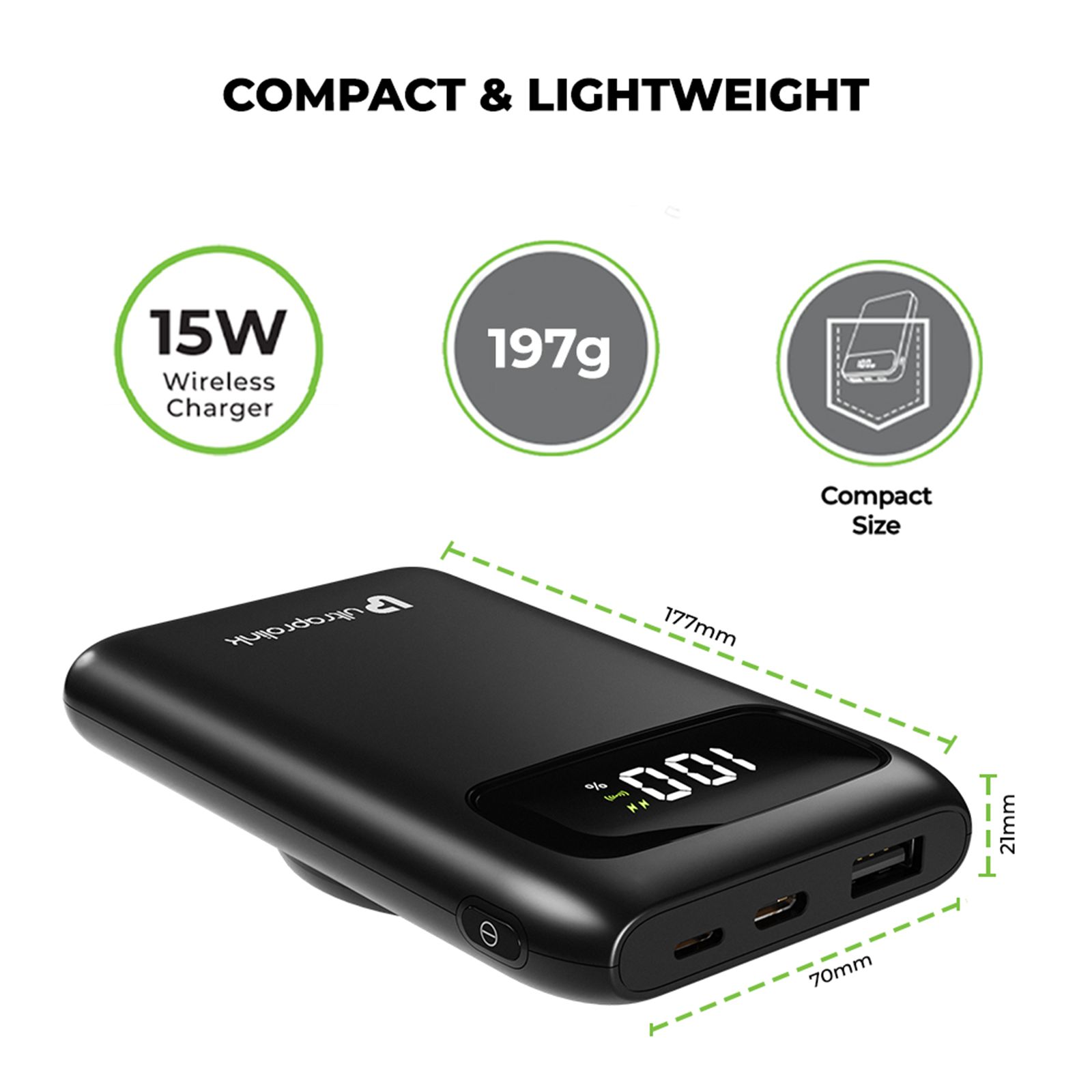 ultraprolink Juice-Up 10000 mAh 15W Fast Charging Power Bank (Lightning, 1 Type A & 1 Type C Ports, Magsafe Wireless Charging, Black)_16