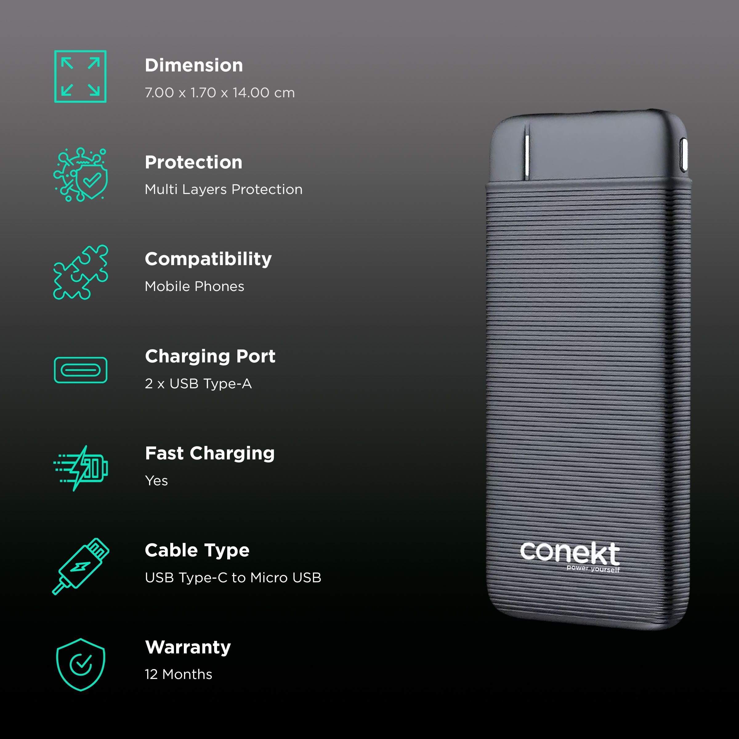 conekt Zeal Run Plus 10000 mAh Fast Charging Power Bank (2 Type A Ports, LED Charge Indicator, Black conekt Zeal Run Plus 10000 mAh Fast Charging Power Bank (2 Type A Ports, LED Charge Indicator, Black_3