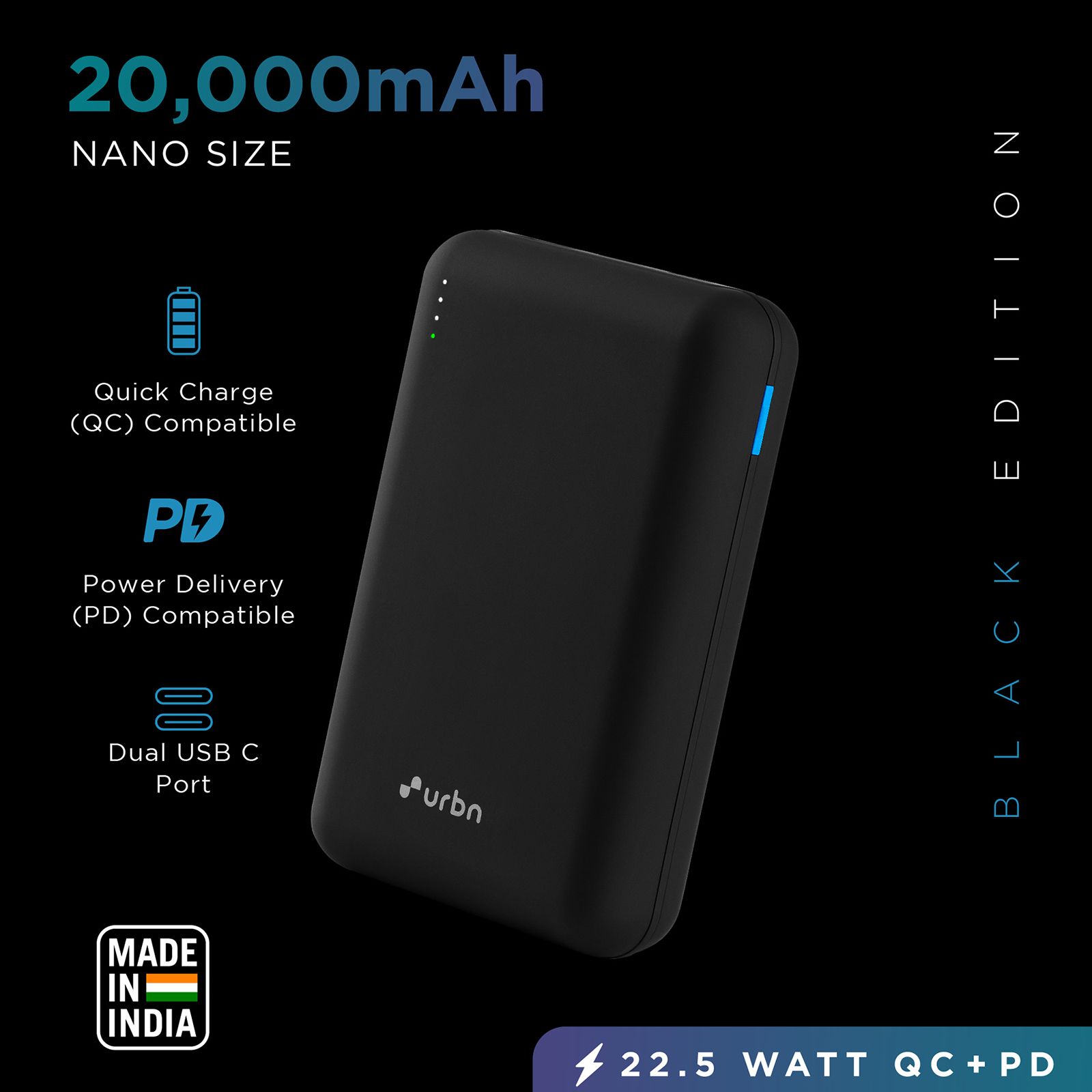 urbn 20000 mAh 22.5W Fast Charging Power Bank (1 Type A & 2 Type C Ports, 12 Layer Circuit Protection, Black)_14