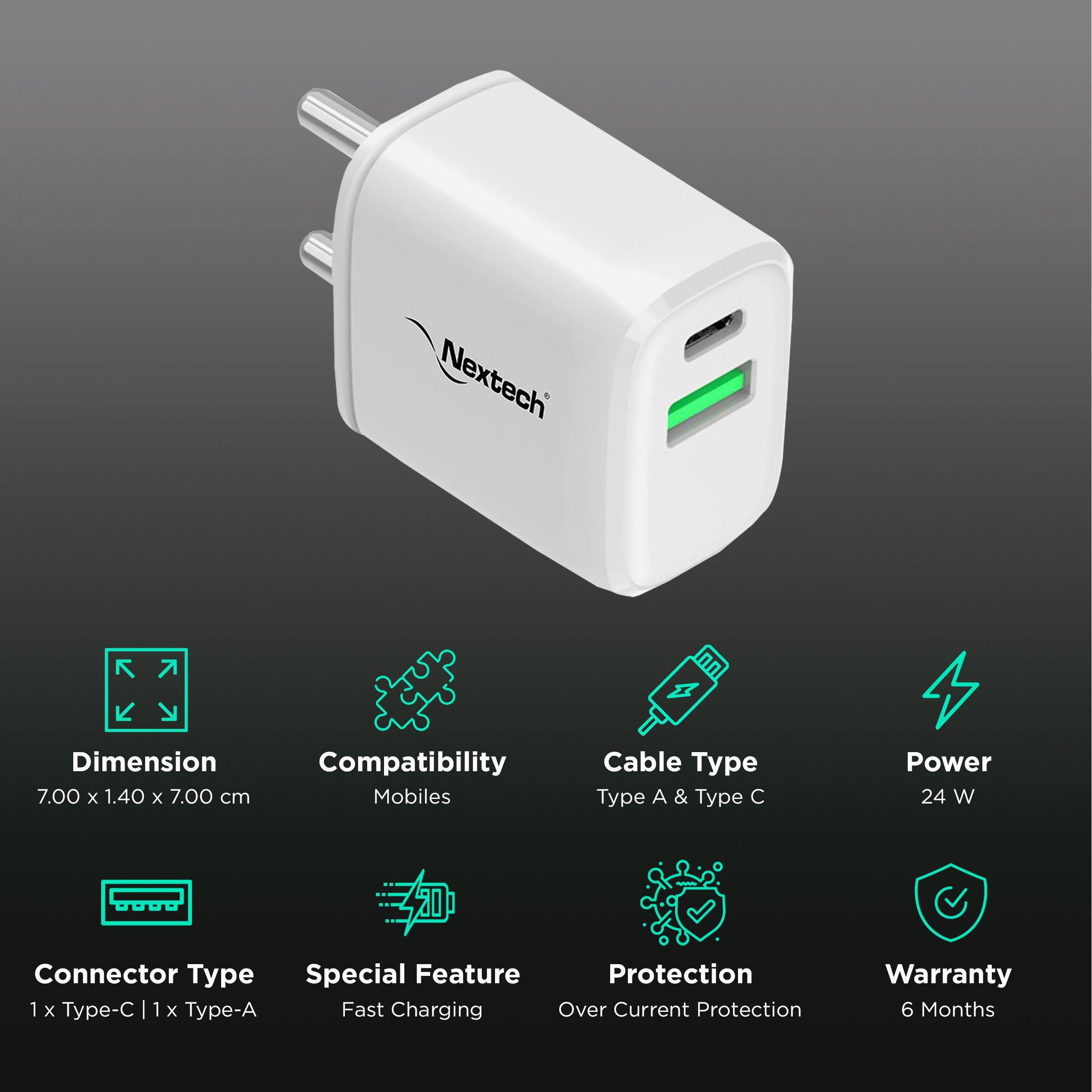 Nextech 24W Type A & Type C 2-Port Fast Charger (Adapter Only, Over-Current Protection, White) Nextech 24W Type A & Type C 2-Port Fast Charger (Adapter Only, Over-Current Protection, White)_2