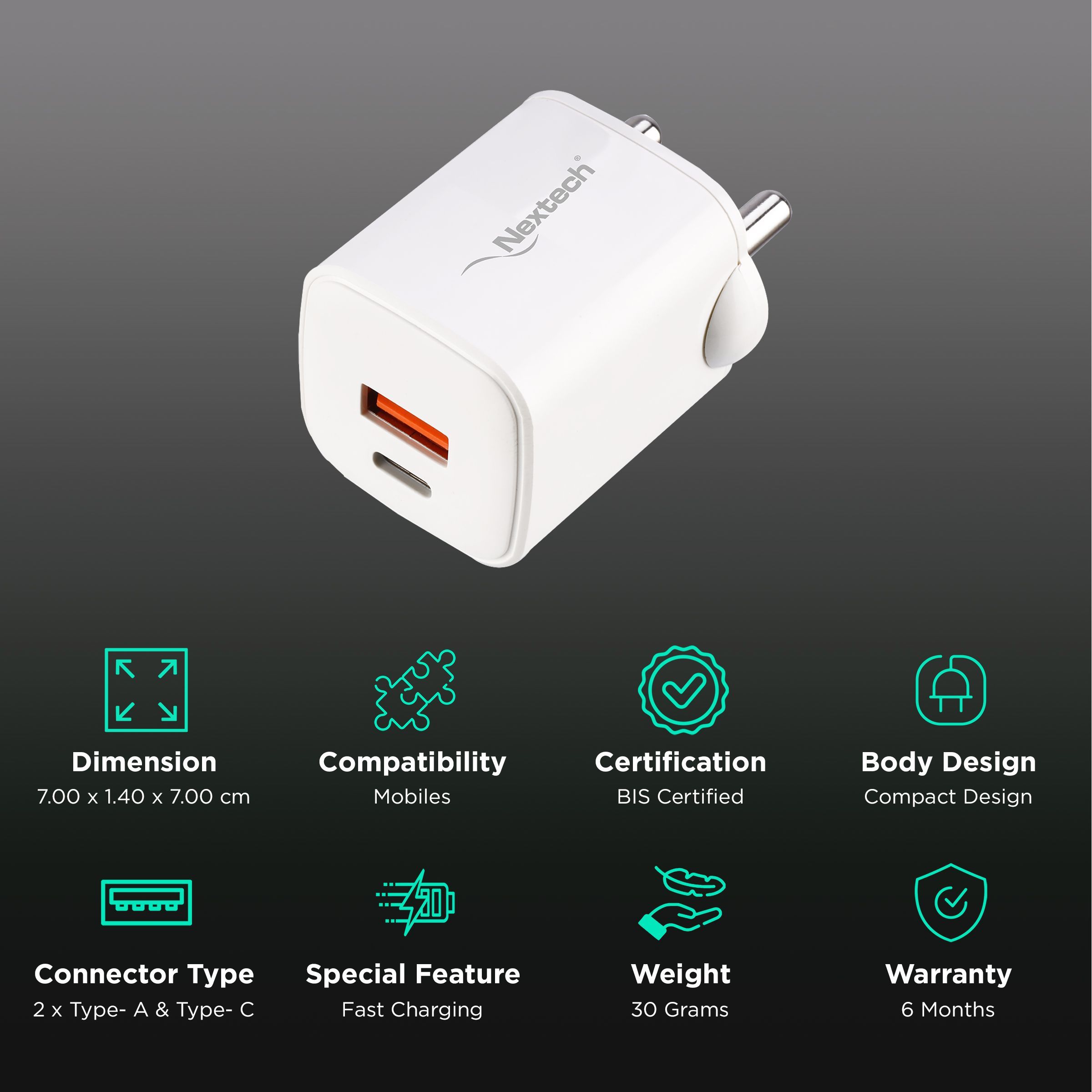 Nextech 35 W Type A & Type C 2-Port Fast Charger (Adapter Only, Universal Compatibility, White)_2