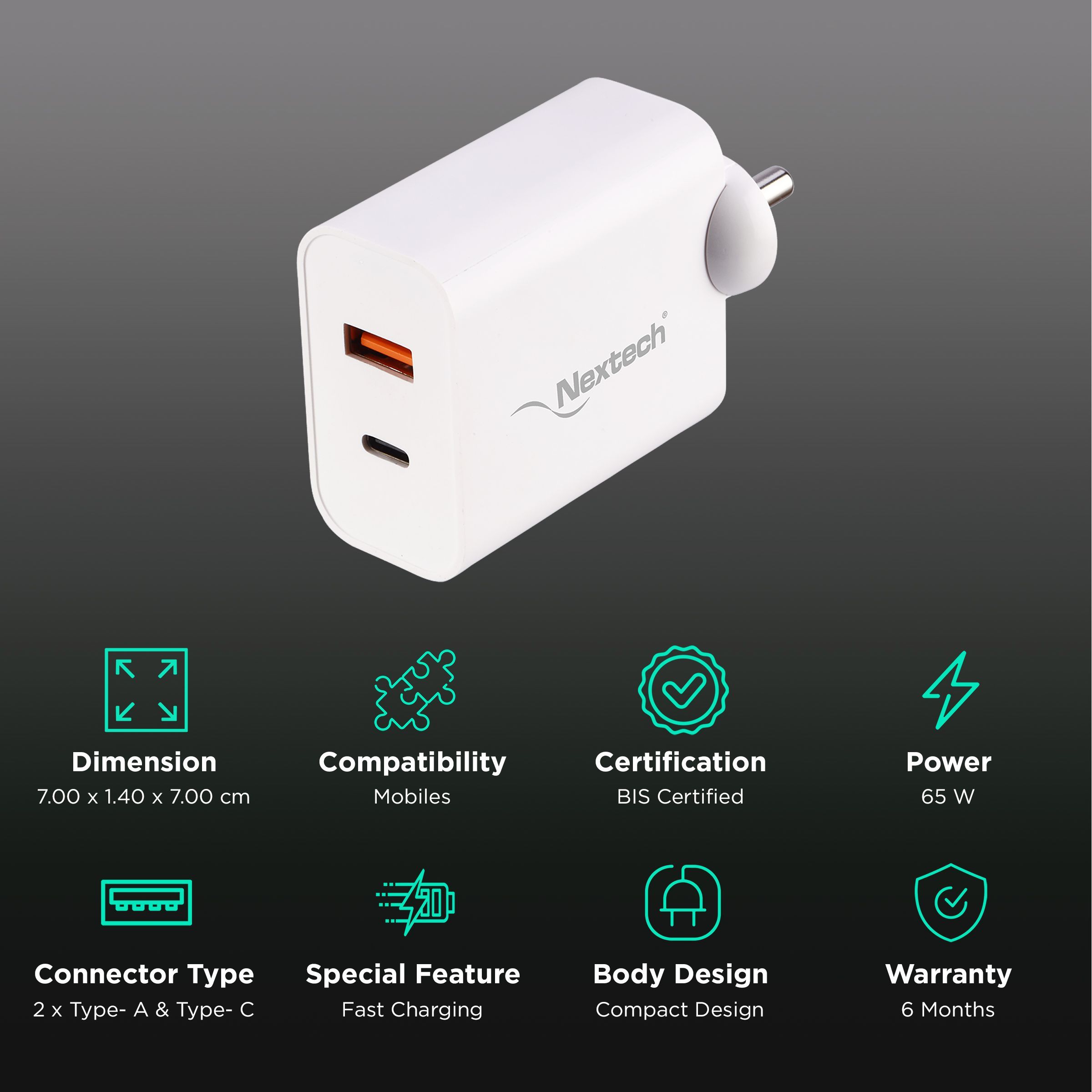Nextech 65 W Type A & Type C 2-Port Fast Charger (Adapter Only, Universal Compatibility, White)_2
