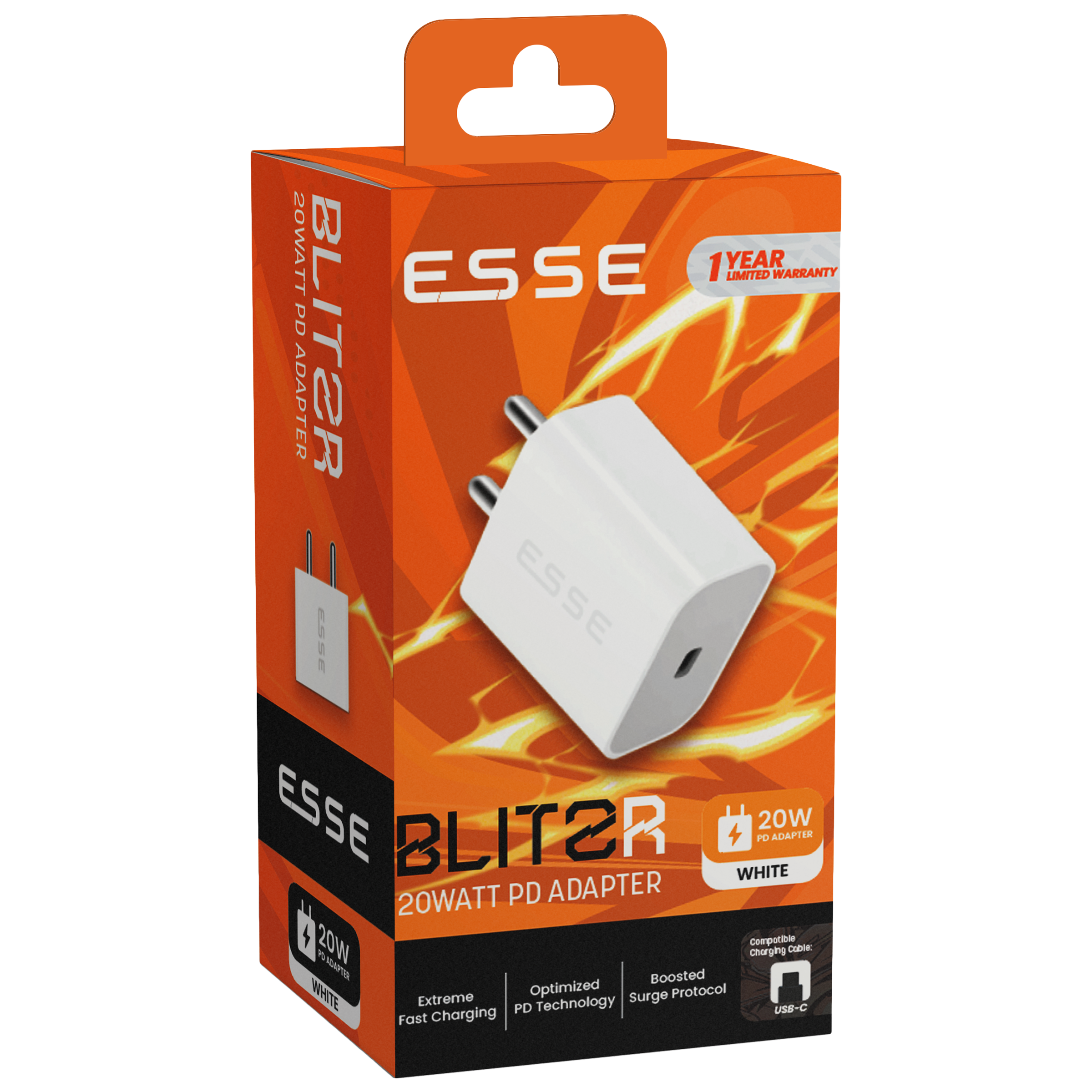 ESSE Blitzr 20W Type C Fast Charger (Adapter Only, Short Circuit Protection, White)_6