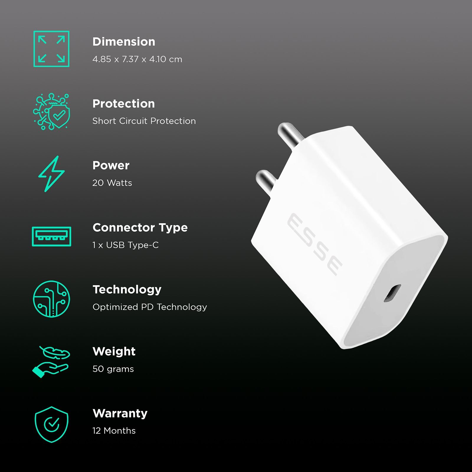 ESSE Blitzr 20W Type C Fast Charger (Adapter Only, Short Circuit Protection, White)_2