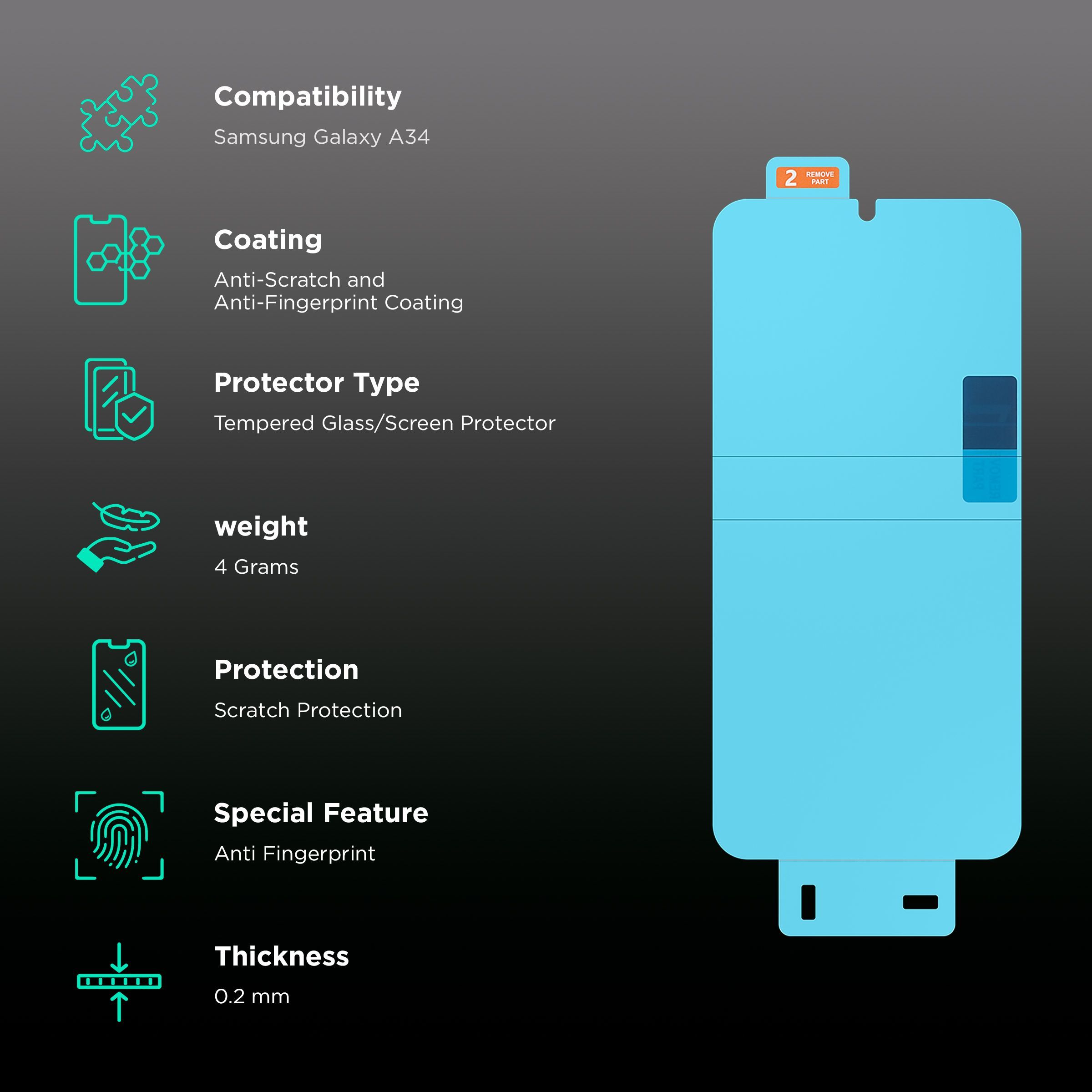 SAMSUNG Tempered Glass for Galaxy A34 (Anti Fingerprint)_2