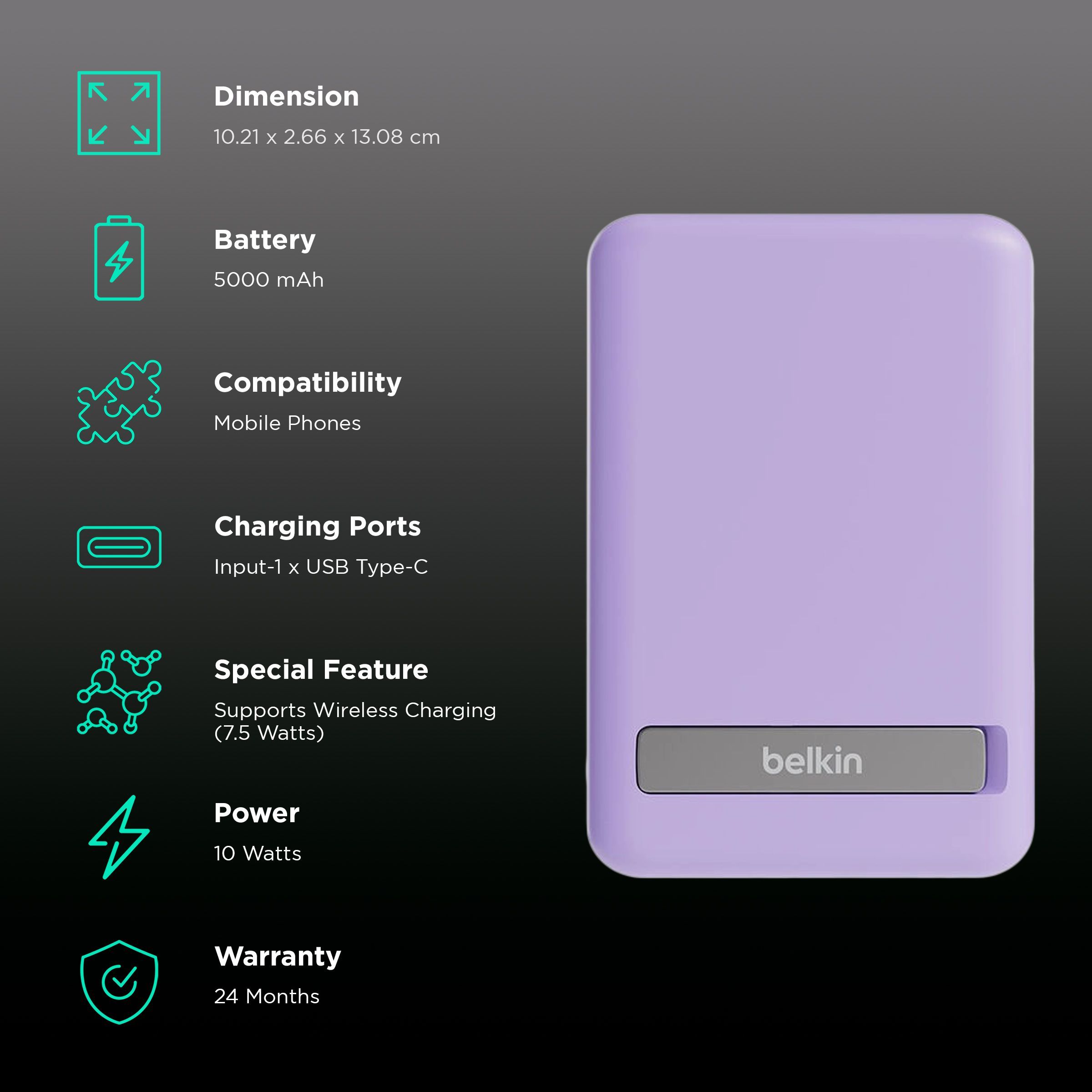 belkin BoostCharge 5000 mAh 7.5W Fast Charging Power Bank (Type C Port, Wireless Charging with Stand, Purple)_3