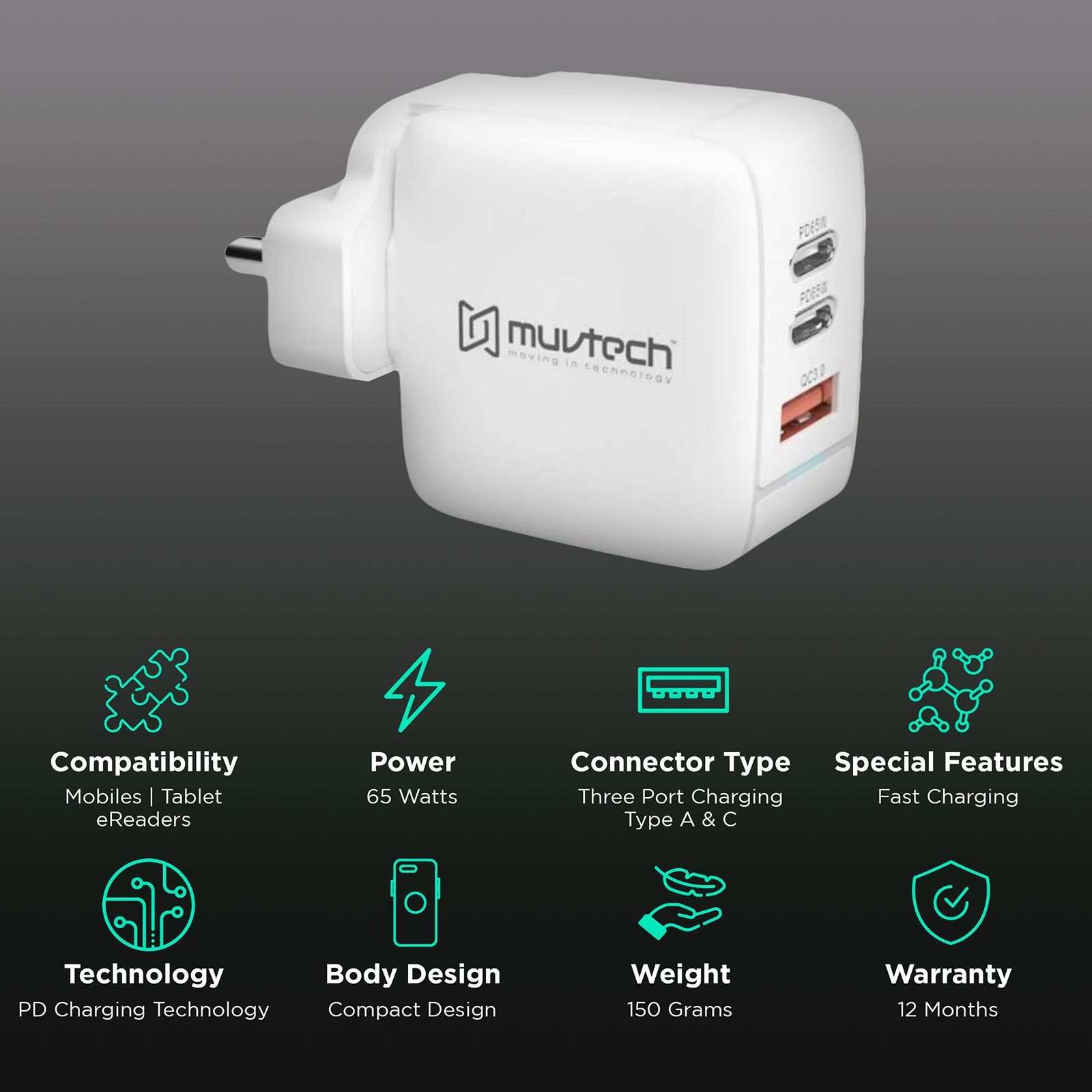 Muvtech Airmax Explorer 65W Type A & Type C 3-Port Wall Charger (White)_2