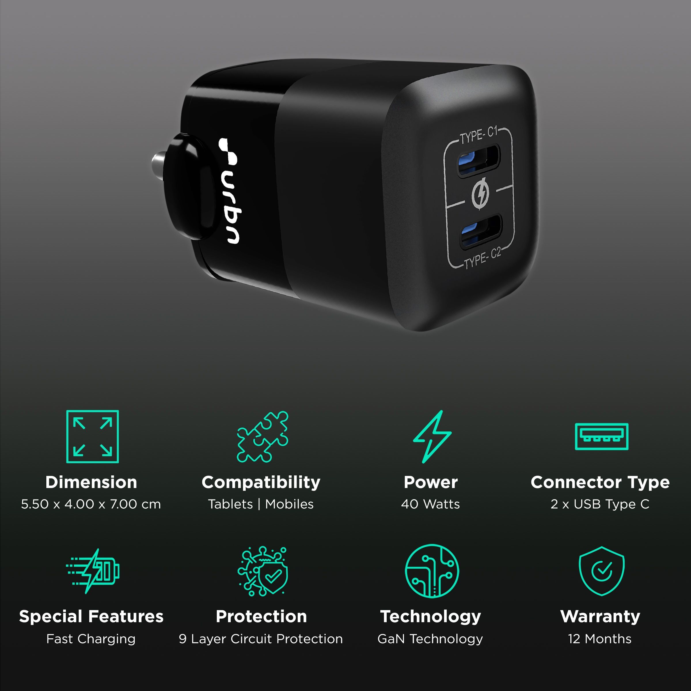 urbn 40W Type C Fast Charger (Adapter Only, 9 Layer Circuit Protection, Black) urbn 40W Type C Fast Charger (Adapter Only, 9 Layer Circuit Protection, Black)_2
