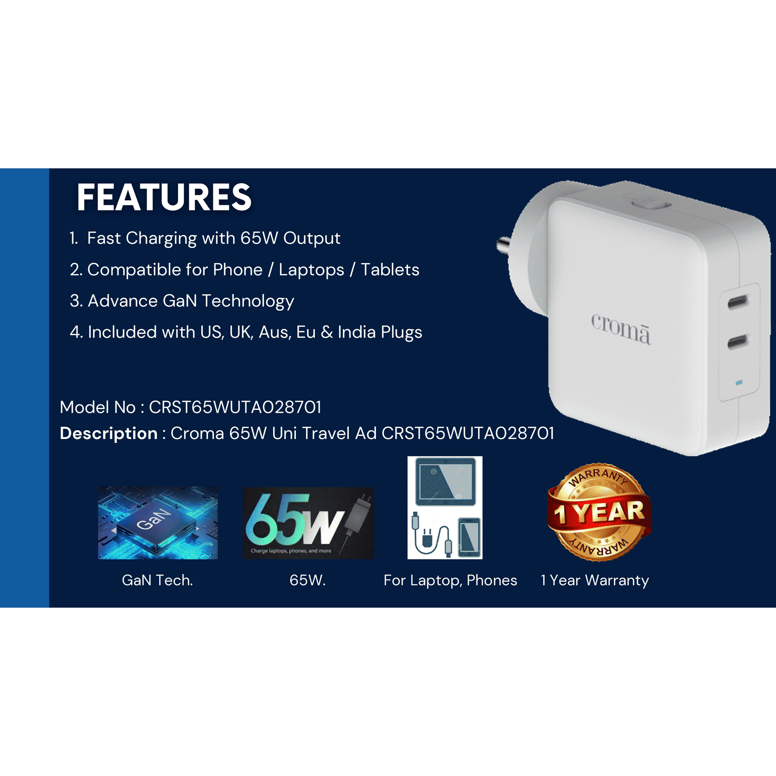 Croma 65W Type C 2-Port Fast Charger (Adapter Only, Advance GaN Technology, White)_8