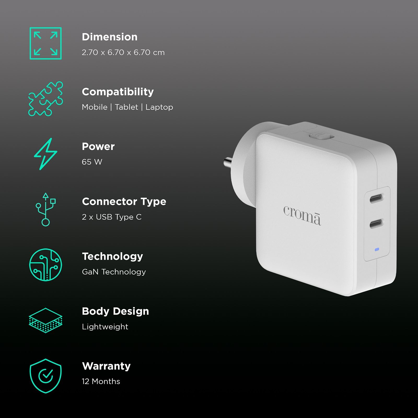 Croma 65W Type C 2-Port Fast Charger (Adapter Only, Advance GaN Technology, White)_2