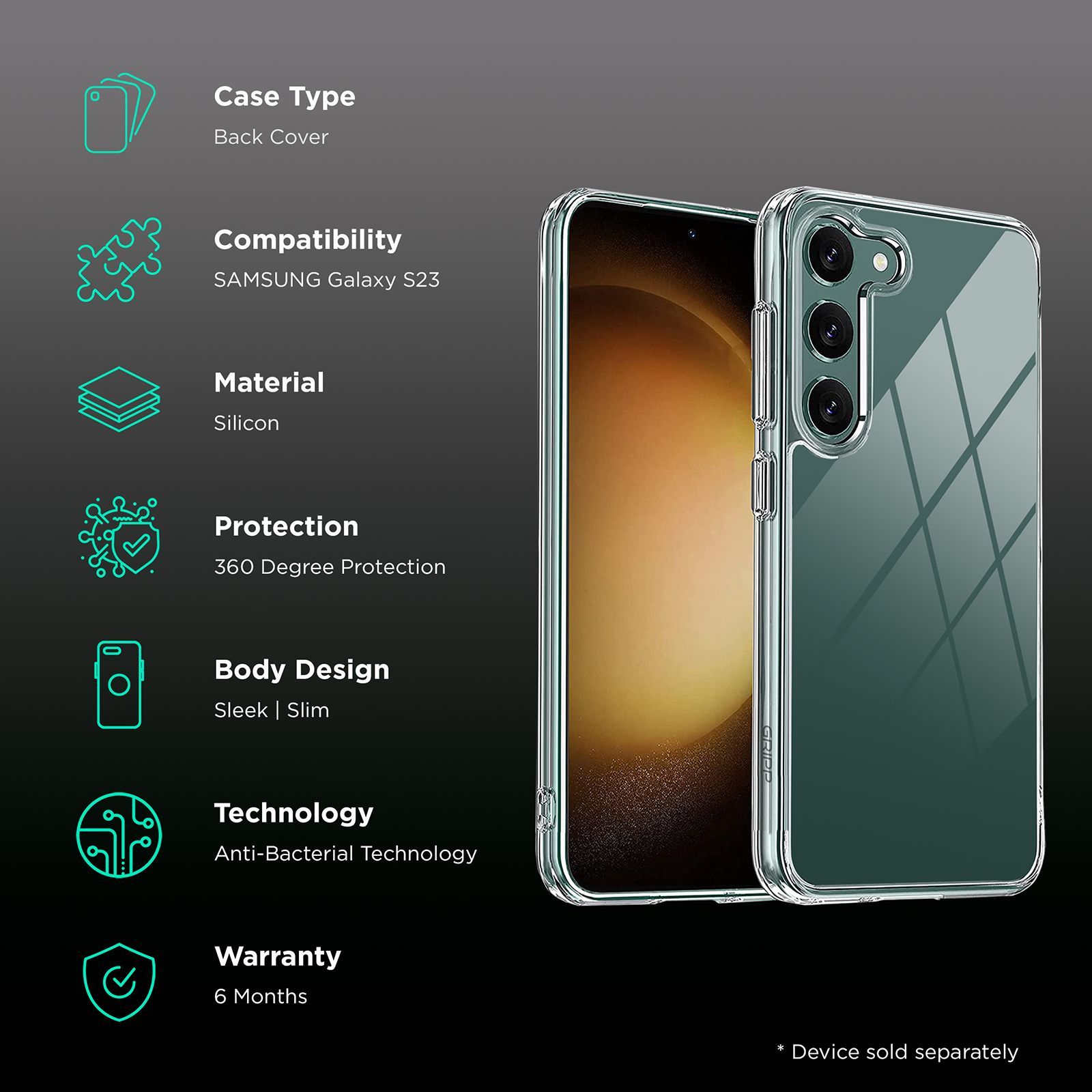 GRIPP GR-S23-CLR Hard Silicon Back Case for Samsung S23 (Anti-bacterial Technology, Transparent)_2