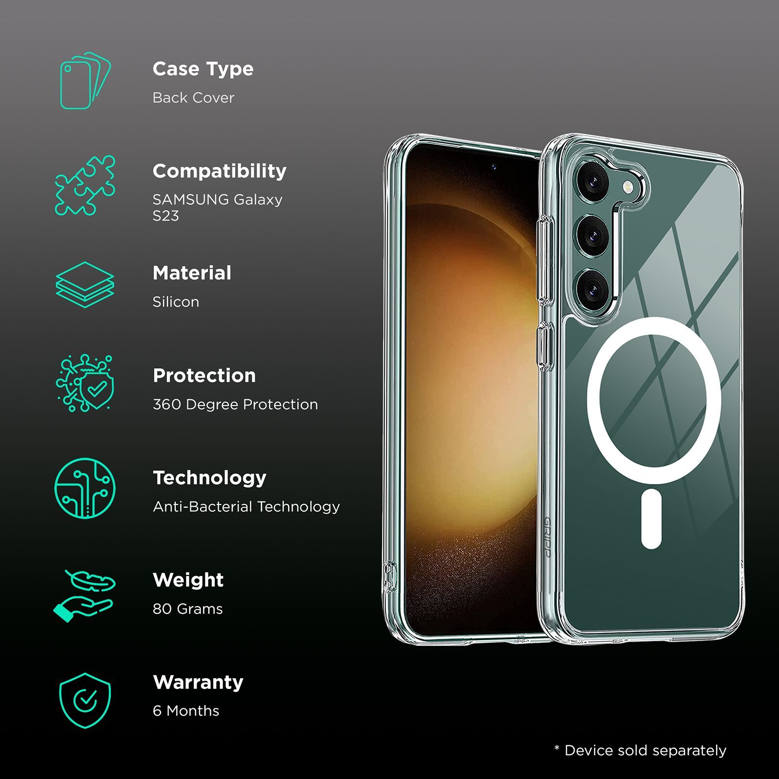 GRIPP GR-S23-MCLR Hard Silicon Back Case for Samsung S23 (Anti-bacterial Technology, Clear)_2