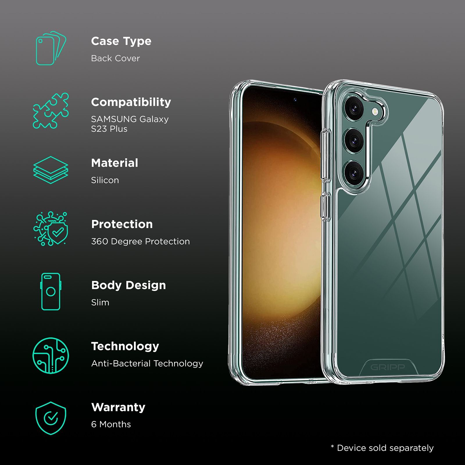 GRIPP GR-S23P-CLR Hard Silicon Back Case for Samsung S23 Plus (Anti-bacterial Technology, Transparent)_2