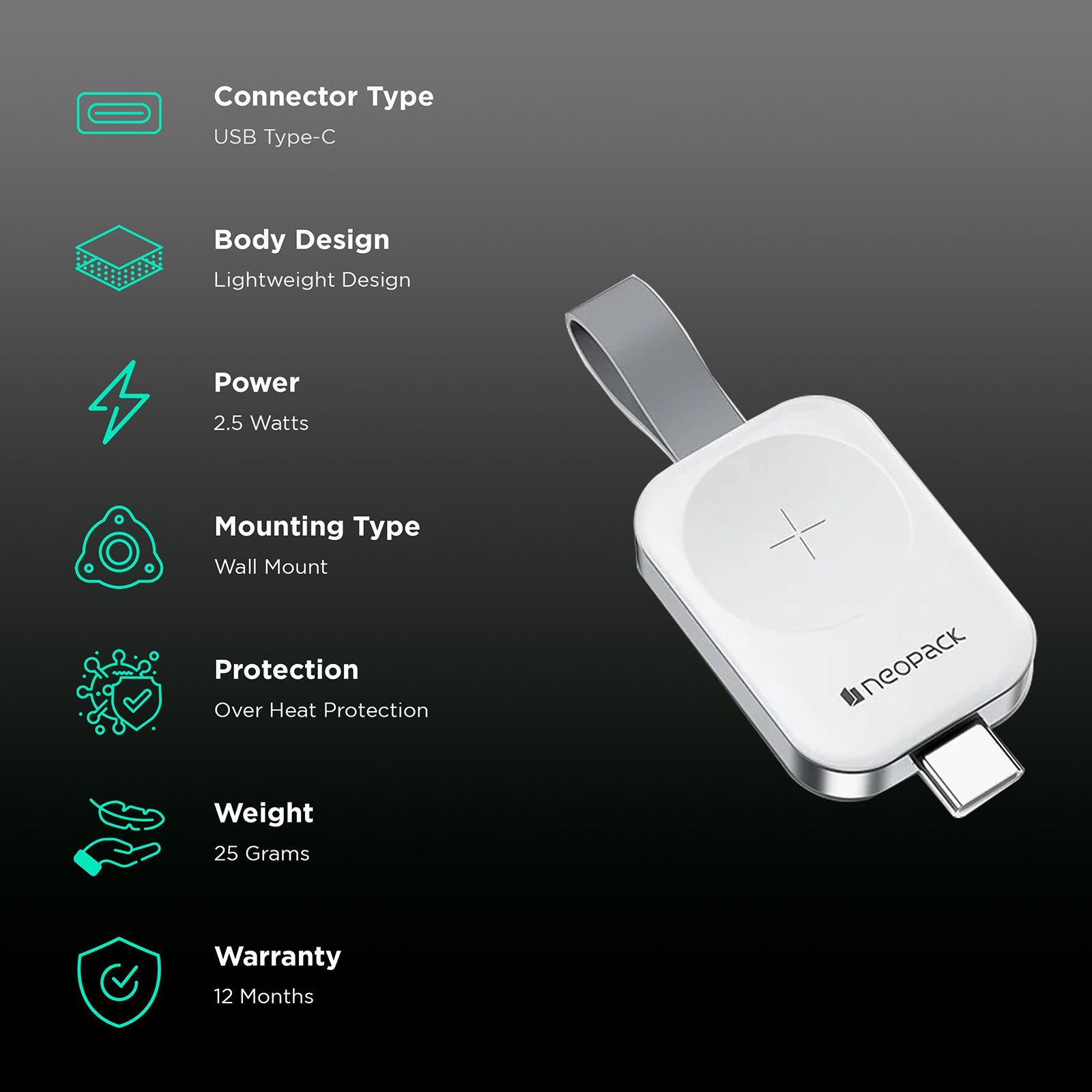 neopack Nano Wireless Charger For Apple iWatch Series SE 7, 6, 5, 4, 3, 2, 1 (WCPRO16, White)_2