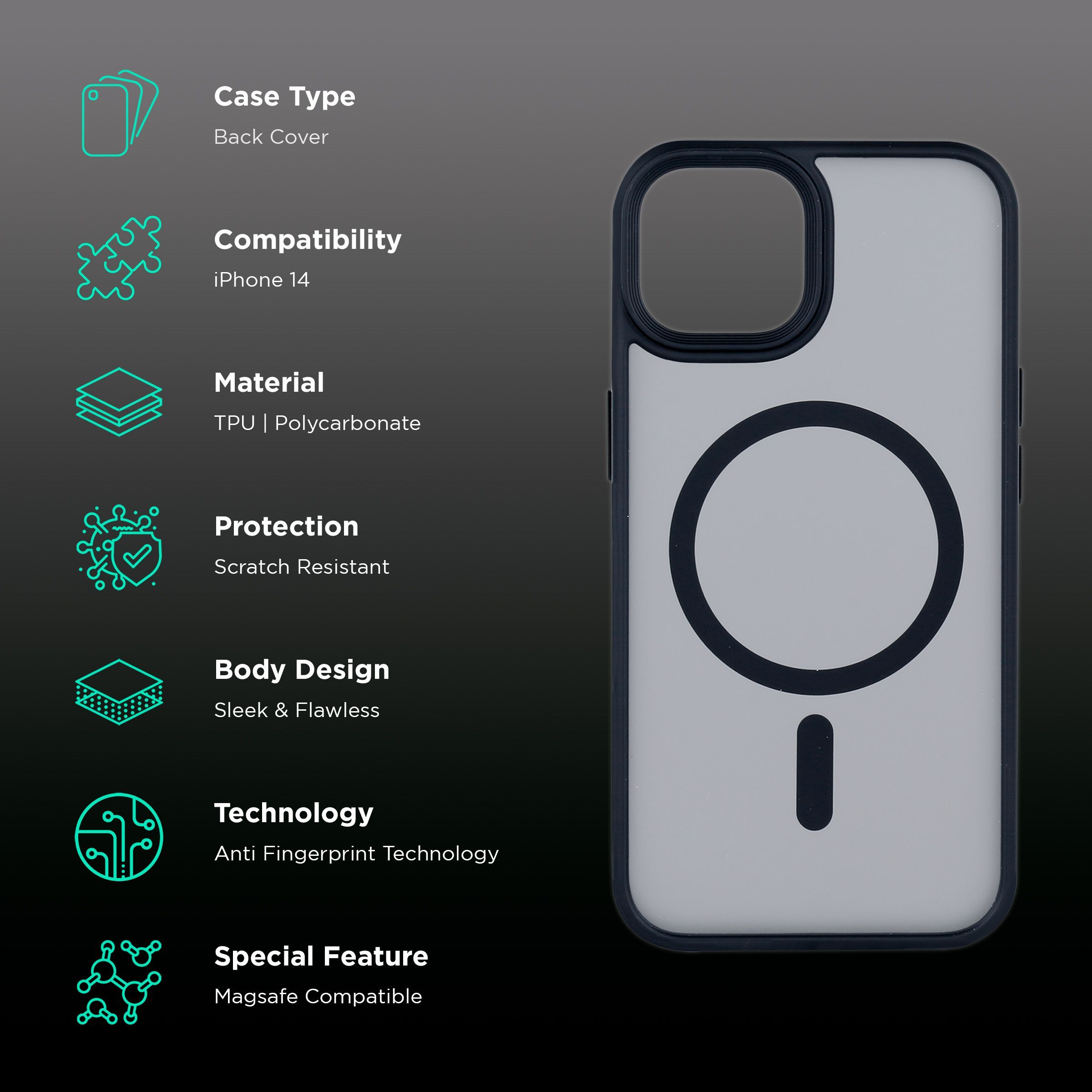 Croma Polycarbonate & TPU Matte Back Case for Apple iPhone 14 (Apple Compatible, Black)_2