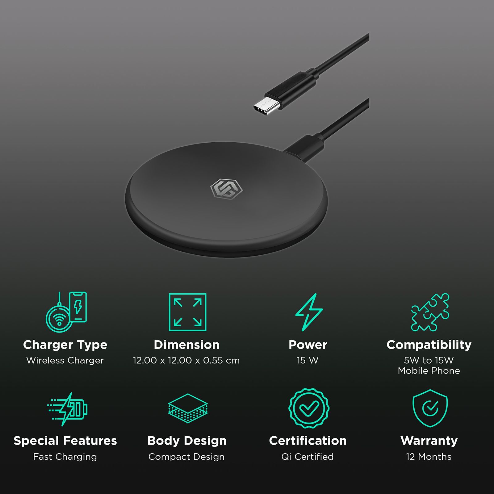 UNIGEN Unipad 200 15W Wireless Charger for Smartphones and Earbuds (Qi Certified, Safe Charging, Black)_2