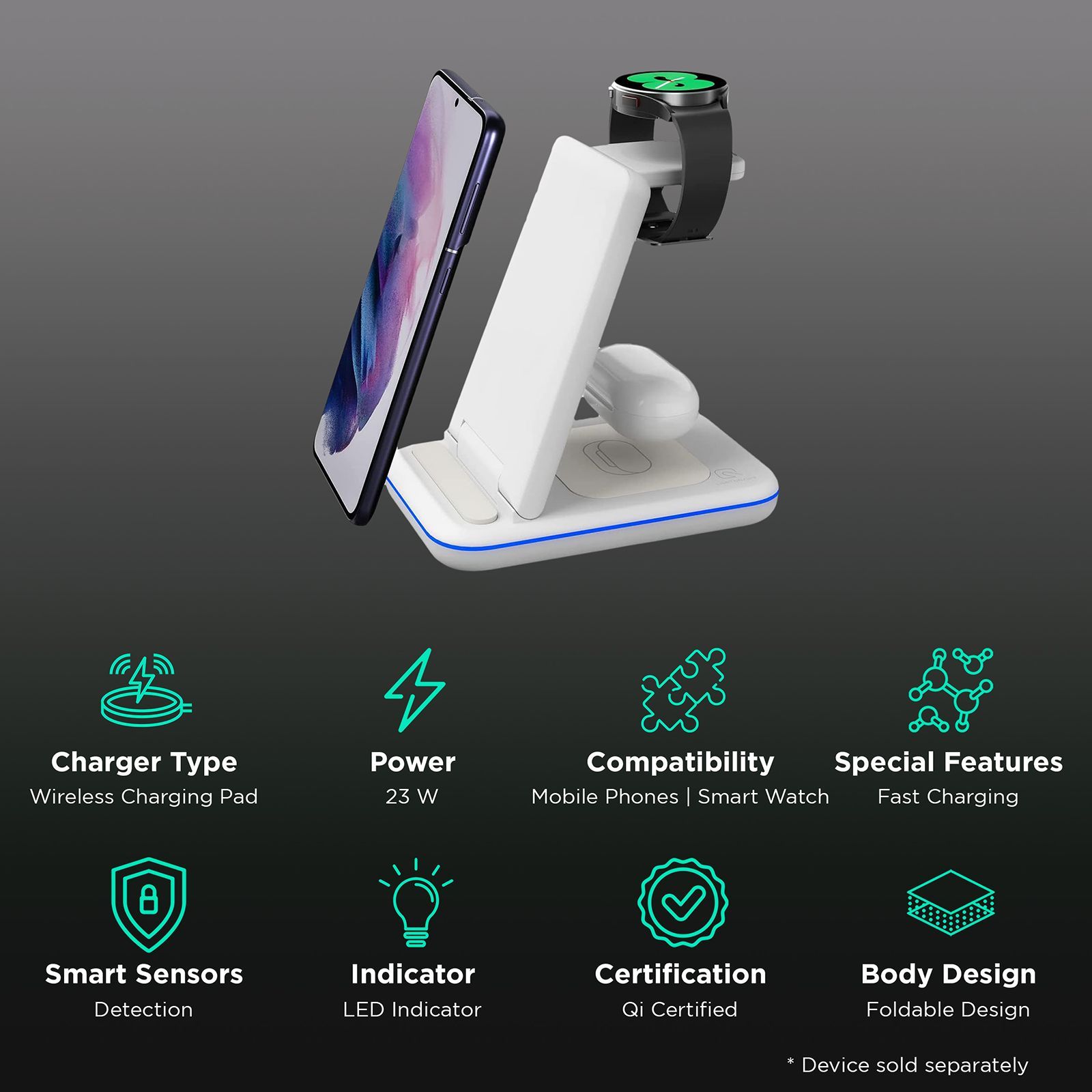 UNIGEN UNIDOCK 350 23W 3-in-1 Wireless Charger for iOS, Android, Smart Watch and TWS Earbuds (Qi Certified, Foldable Design, White)_2