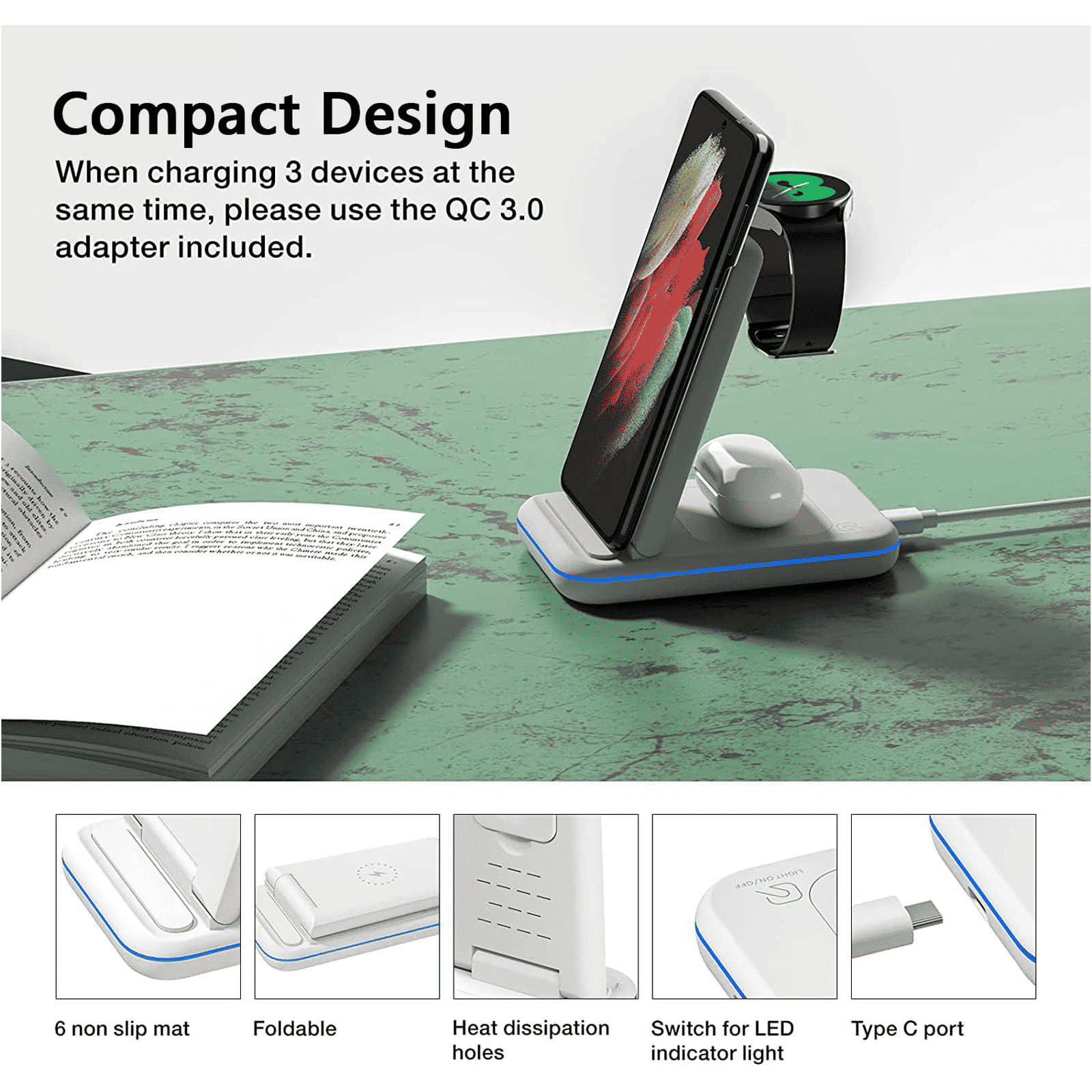 UNIGEN UNIDOCK 350 23W 3-in-1 Wireless Charger for iOS, Android, Smart Watch and TWS Earbuds (Qi Certified, Foldable Design, White)_4