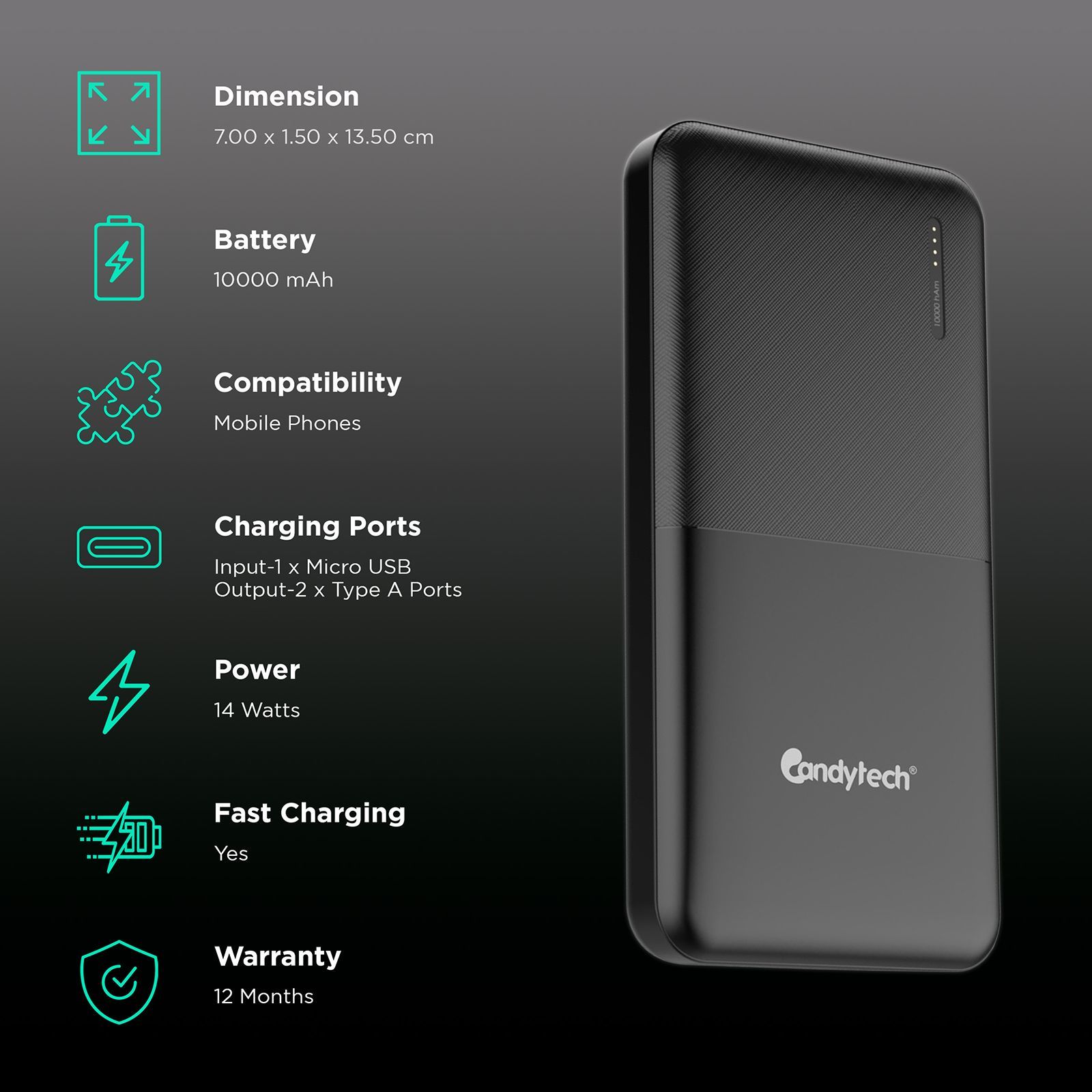 Candytech CTPB10B 10000 mAh 14W Power Bank (2 Type A Ports, Over Charge Protection, Black)_3